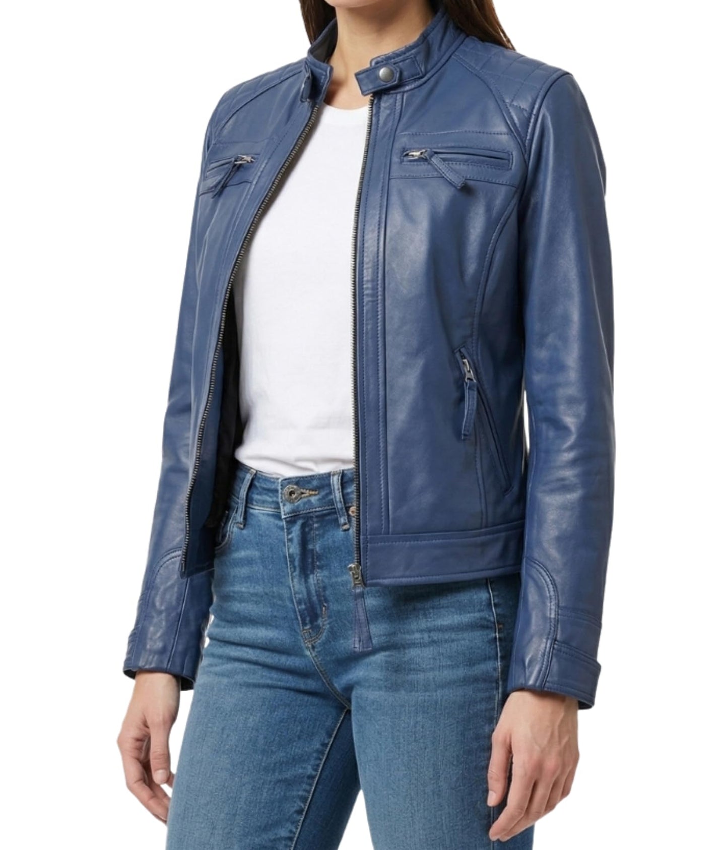 Decrum Cafe Racer Leather Jacket - Leather Jackets for Women | [1324204] D1 Blue, L