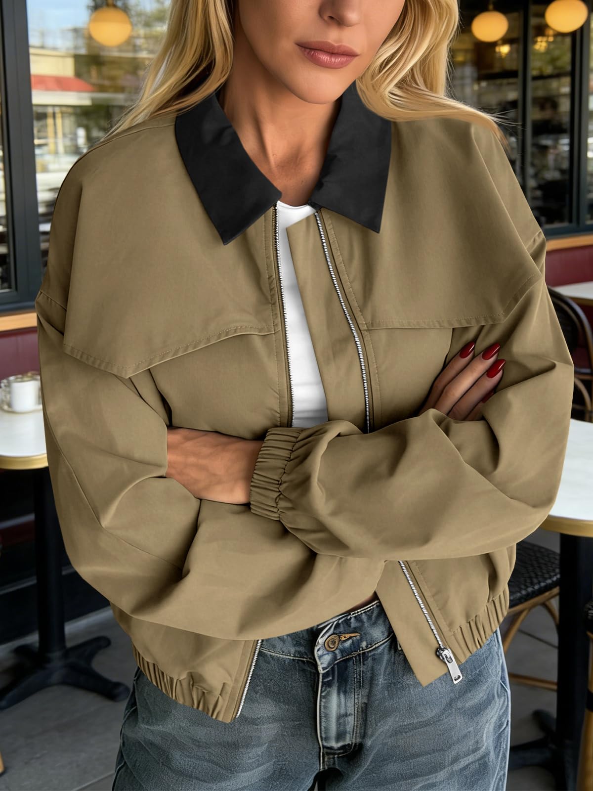 Tankaneo Womens Utility Barn Jackets Lightweight Zip Up Lapel Oversized Cropped Bomber Jackets Trendy Casual Short Coats
