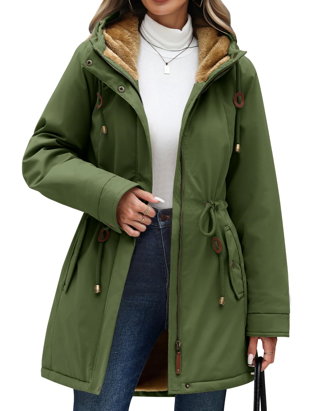 Yusongirl Parka Jacket Women Waterproof Fleece Lined Hooded Warm Winter Coat with Pockets for Daily Commute & Outdoor (Green,Small)