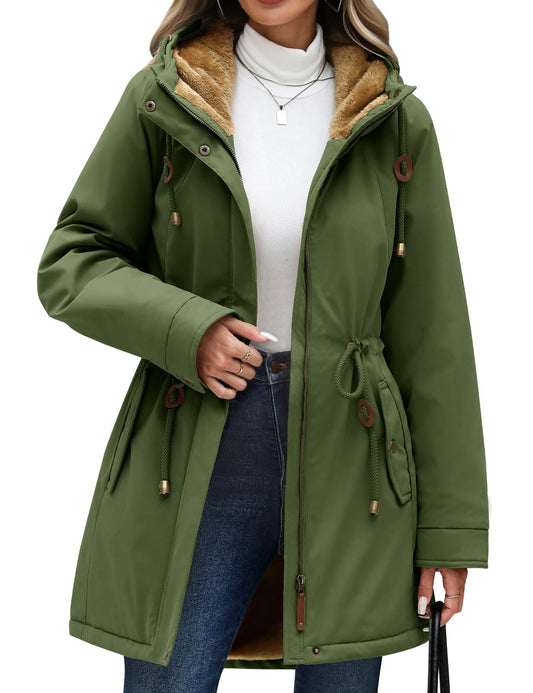 Yusongirl Parka Jacket Women Waterproof Fleece Lined Hooded Warm Winter Coat with Pockets for Daily Commute & Outdoor (Green,Small)