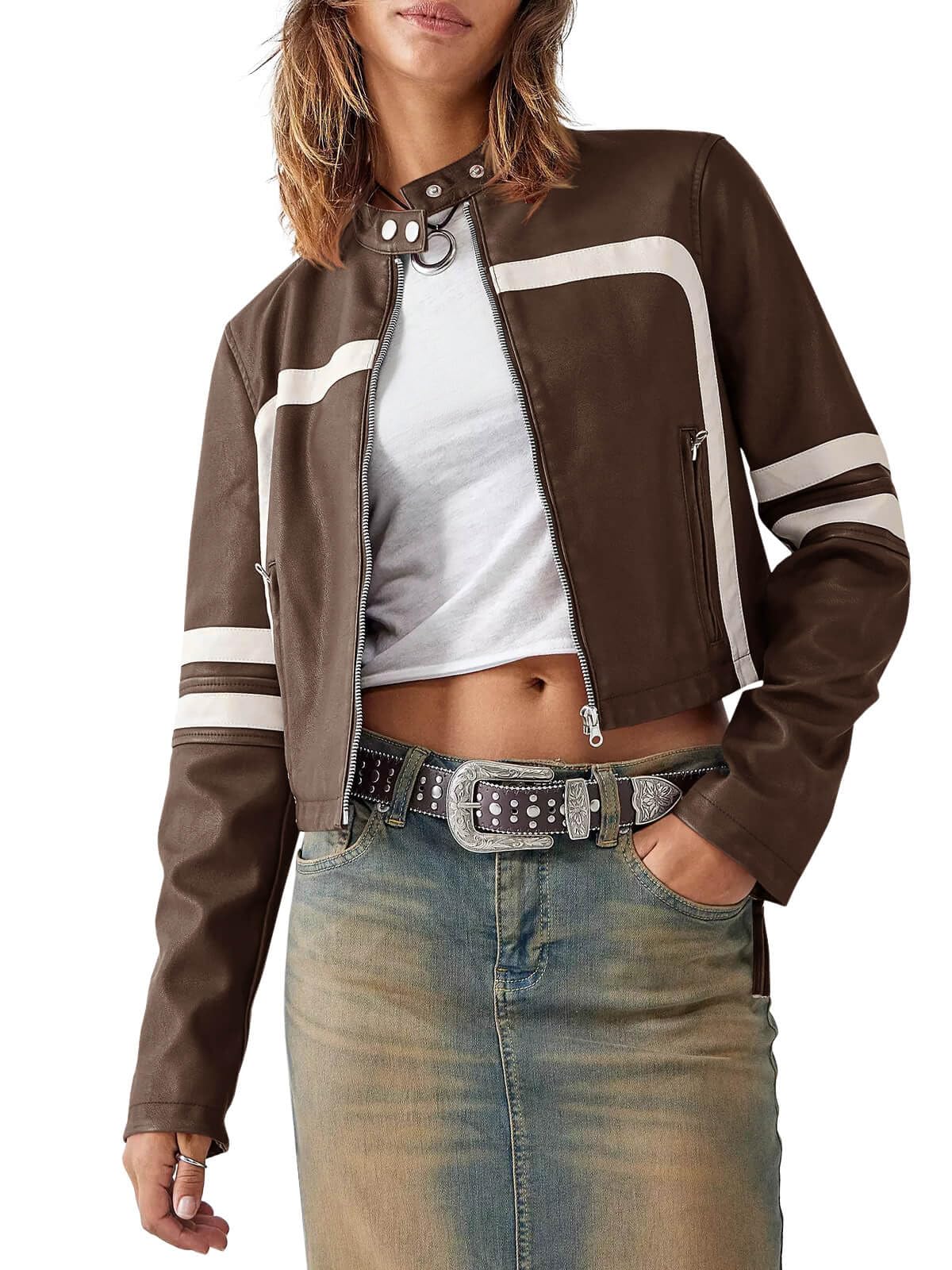 Saodimallsu Women’s Faux Leather Jackets Zip Up Stand Collar Cropped Motocross PU Coats