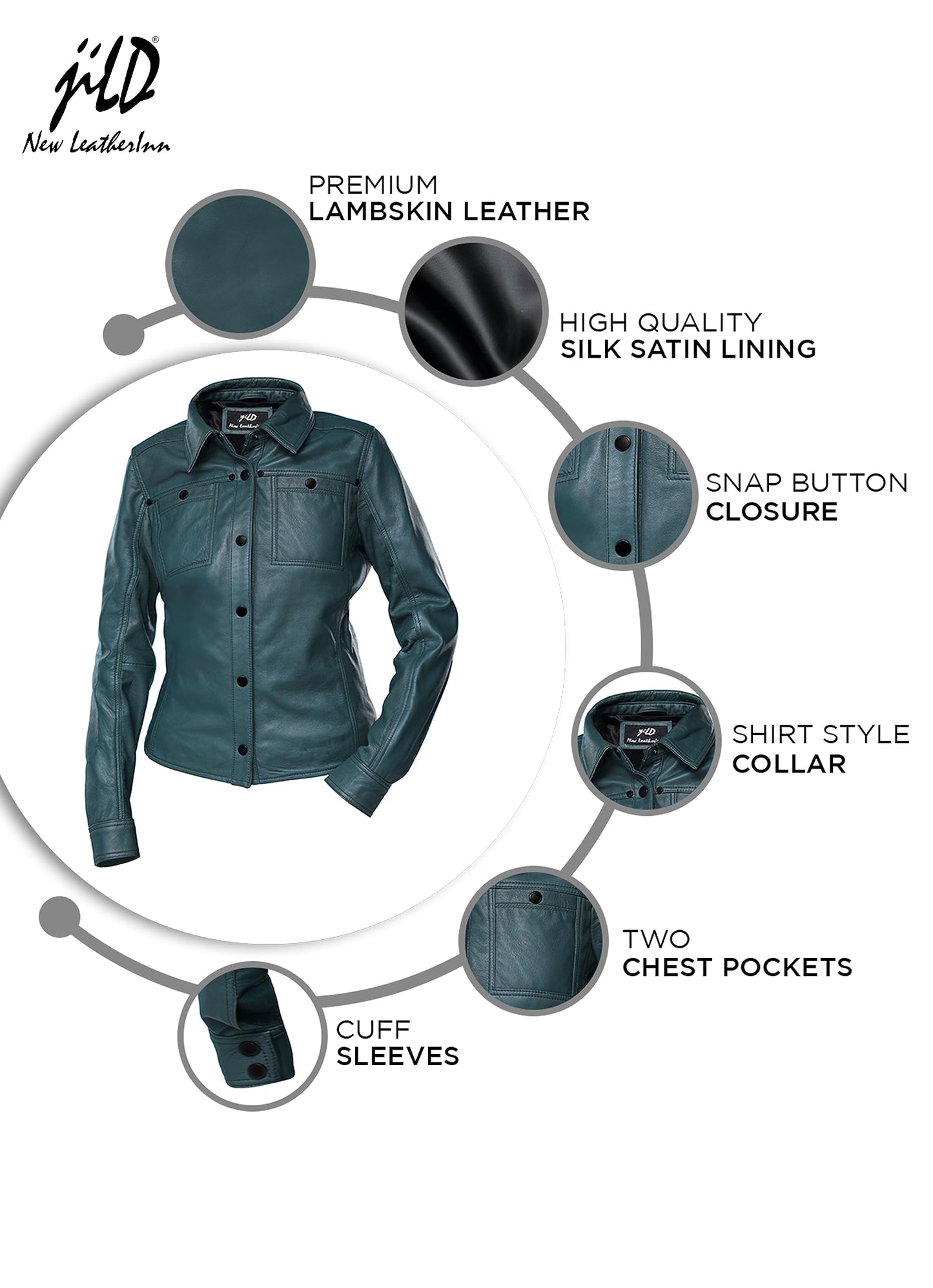 Jild Womens Button Front Lambskin Leather Jacket Shacket - Casual Shirt Long Sleeve Leather Jacket Women with Bust Pocket (Green-L)