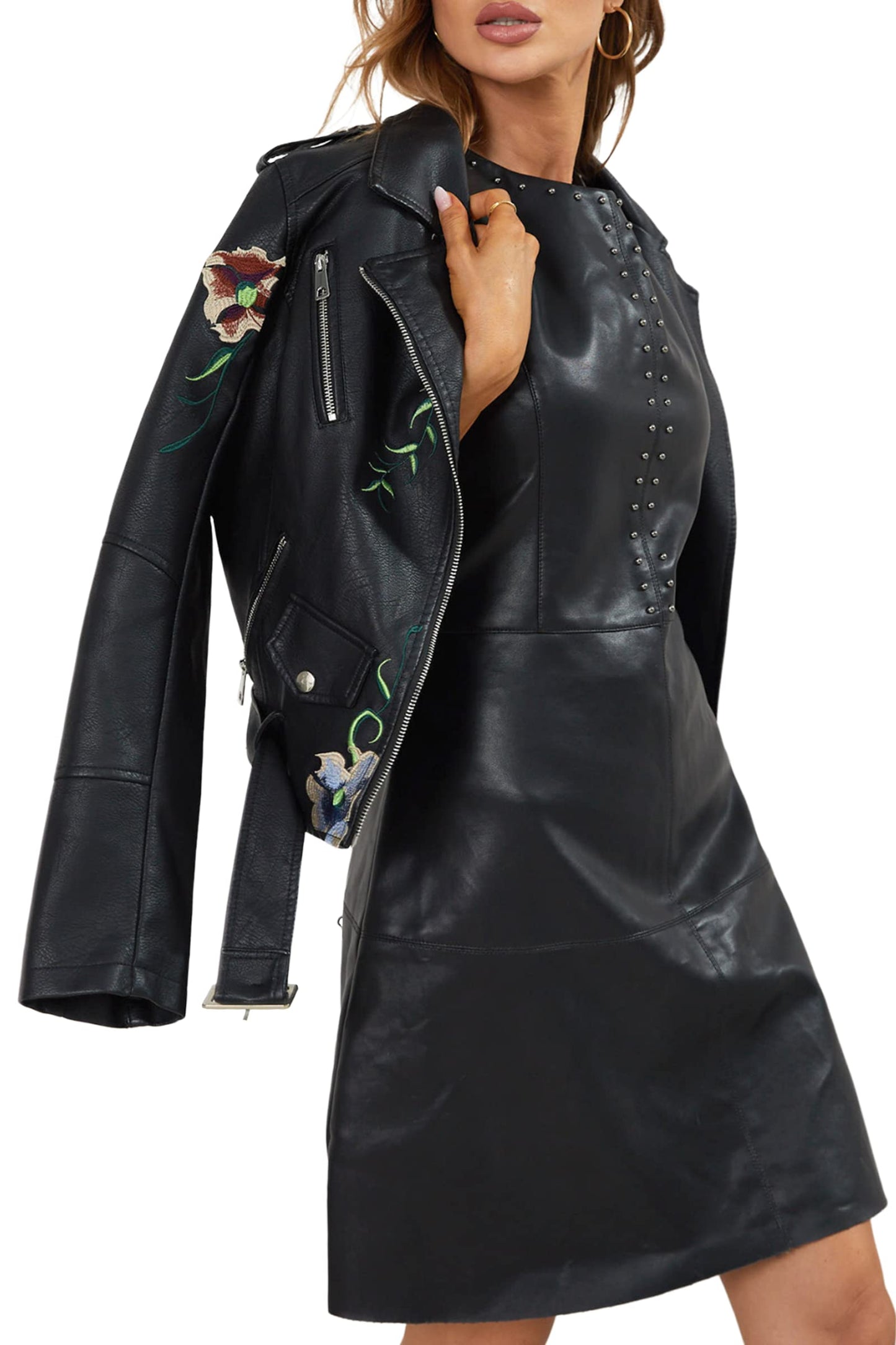 Bellivera Women's Faux Leather Jacket Floral Lightweight Moto Coat Black 1XL