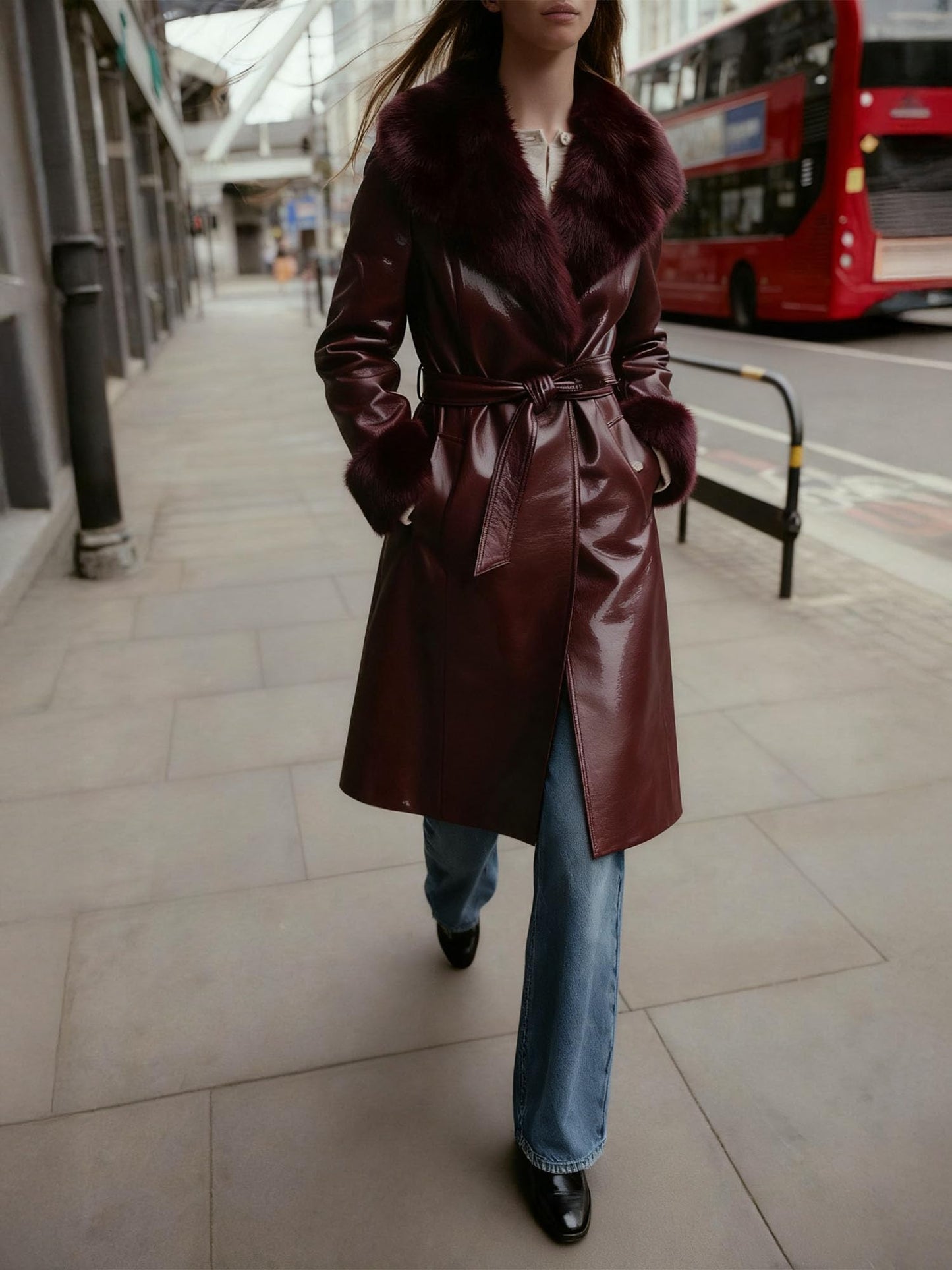 SS-Sunrise Fashion Women's Wine Red Faux Leather Coat with Faux Fur Collar, Long Sleeve Warm Winter Furry Trim Parka Coat with Belt (Small)