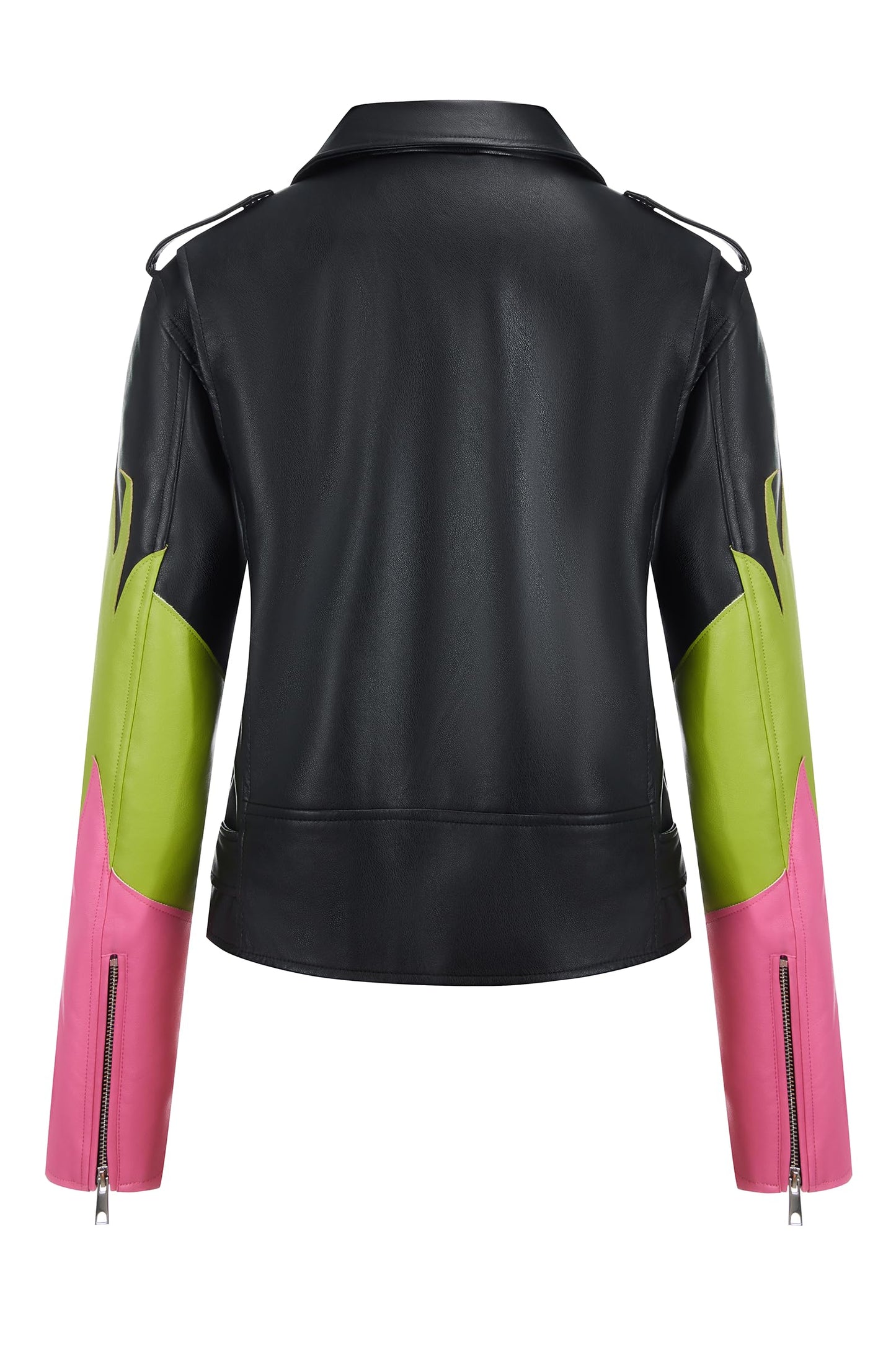 Bellivera Women's Faux Leather Color-Block Moto Zip Jacket Black M
