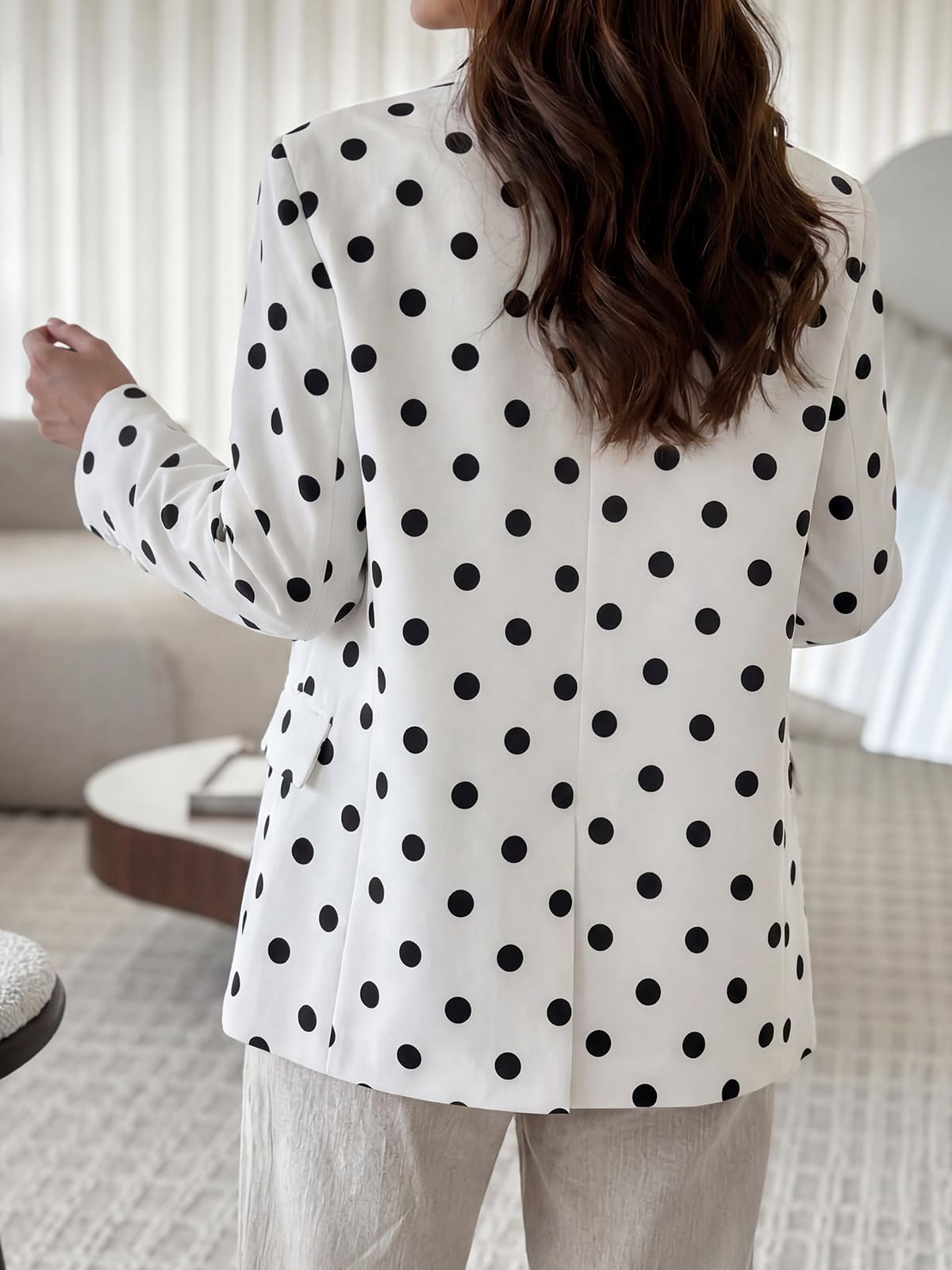 Cicy Bell Women Polka Dot Blazer Business Stand Collar Open Front Jacket