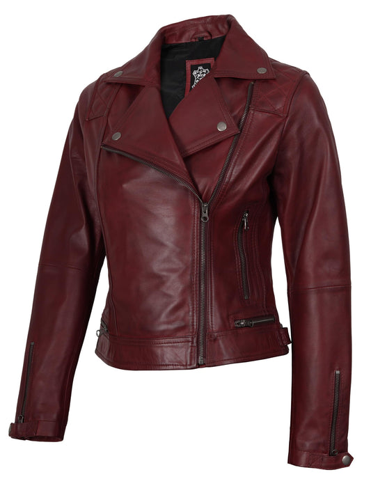 Decrum Disc Womens Burgundy Asymmetrical Jacket - Genuine Lambskin Women Jakcet | [1306493] Kmberly, M