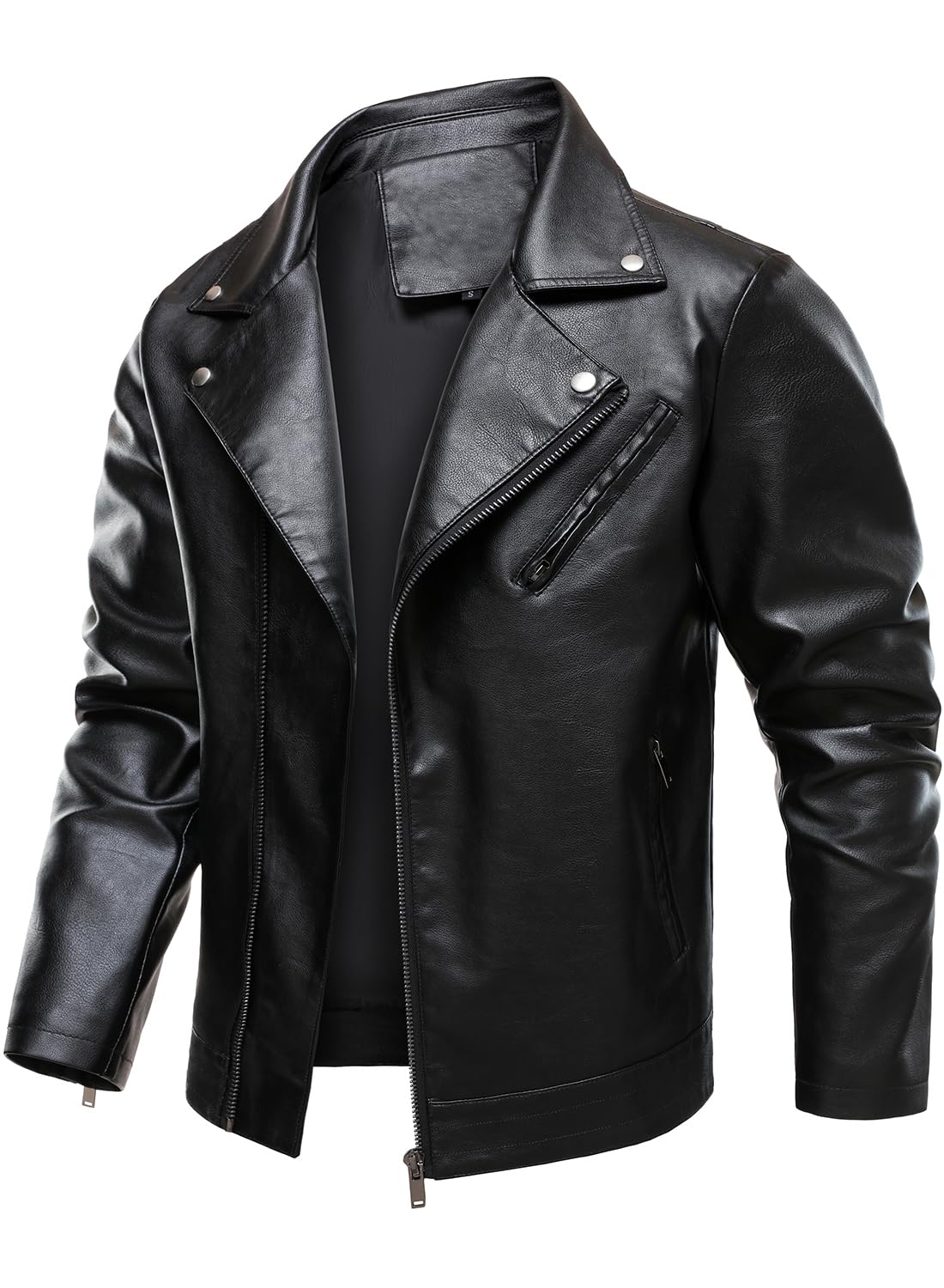 HOOD CREW Men’s Faux Leather Jacket Cool Motorcycle Lapel Biker Jackets Zip Up Riding Coat Black L