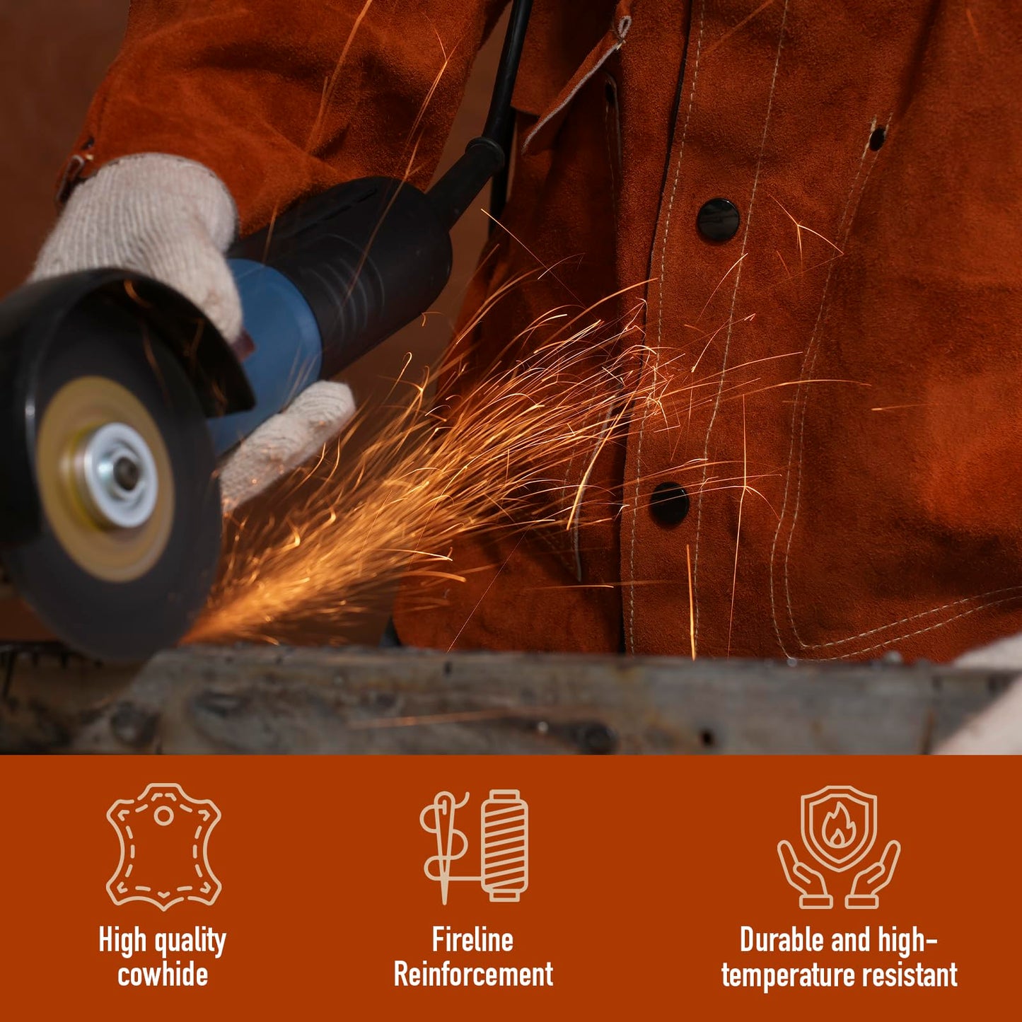 Leather Welding Work Jacket by QeeLink - Flame-Resistant Heavy Duty Split Cowhide Leather (Medium)