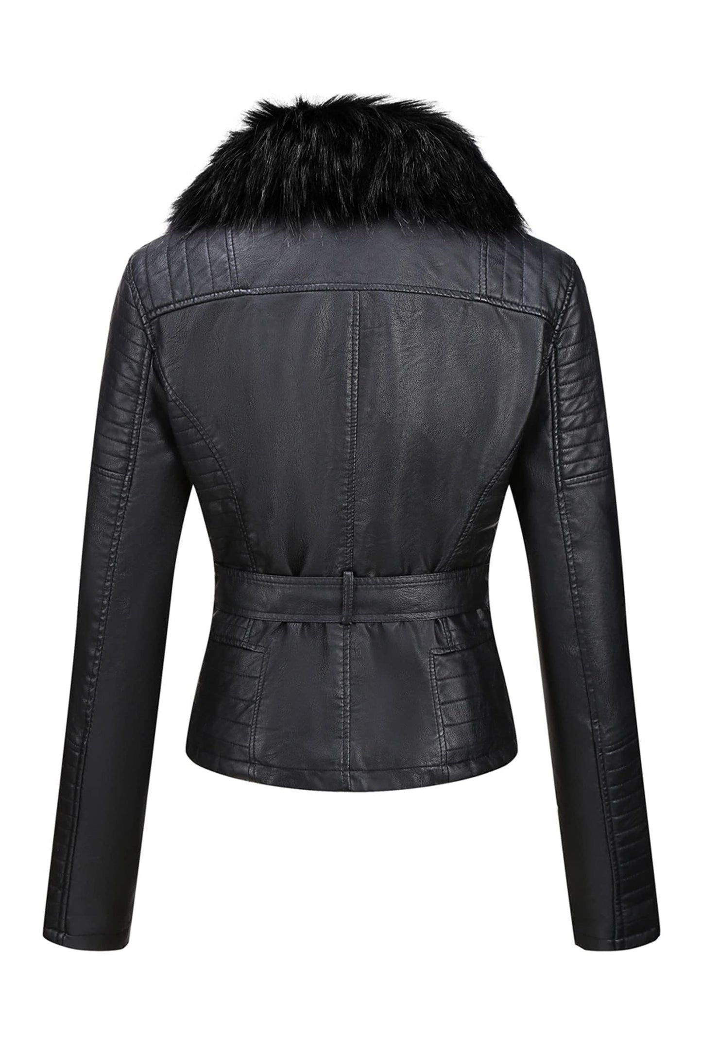 Bellivera Women's Faux Leather Short Jacket Moto Sherpa-Lined Belt Coat with Removable Fur Collar 9203 Black XL