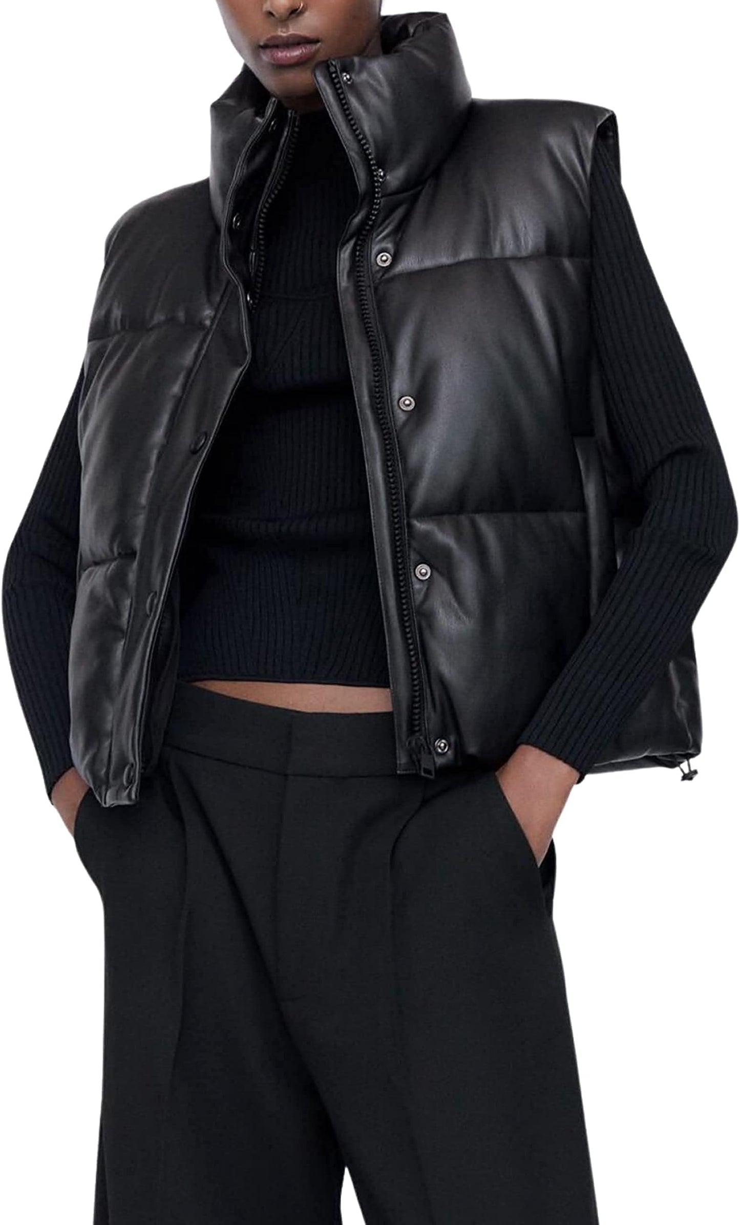 Yidarer Women’s Faux Leather Puffer Vest Zip-Up Stand Collar Quilted Sleeveless Jacket Casual Fall Winter Outerwear (Black-L)