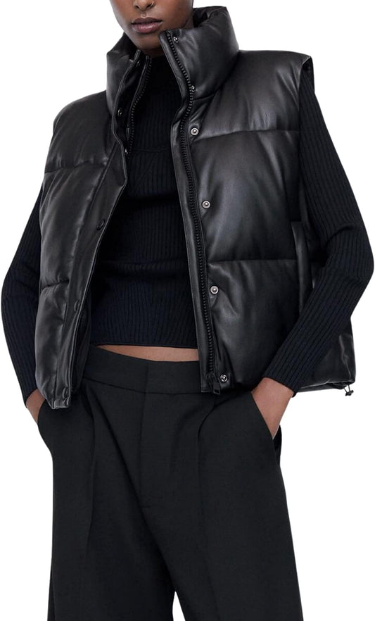 Yidarer Women’s Faux Leather Puffer Vest Zip-Up Stand Collar Quilted Sleeveless Jacket Casual Fall Winter Outerwear (Black-L)