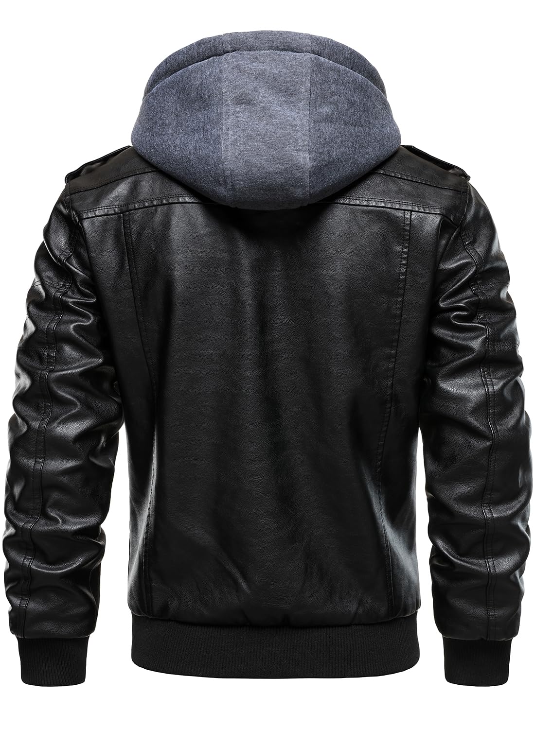 HOOD CREW Men's Leather Jackets Faux Bomber Jacket for Men Motorcycle Zip-Up Biker Coat With Hoodie Black XL