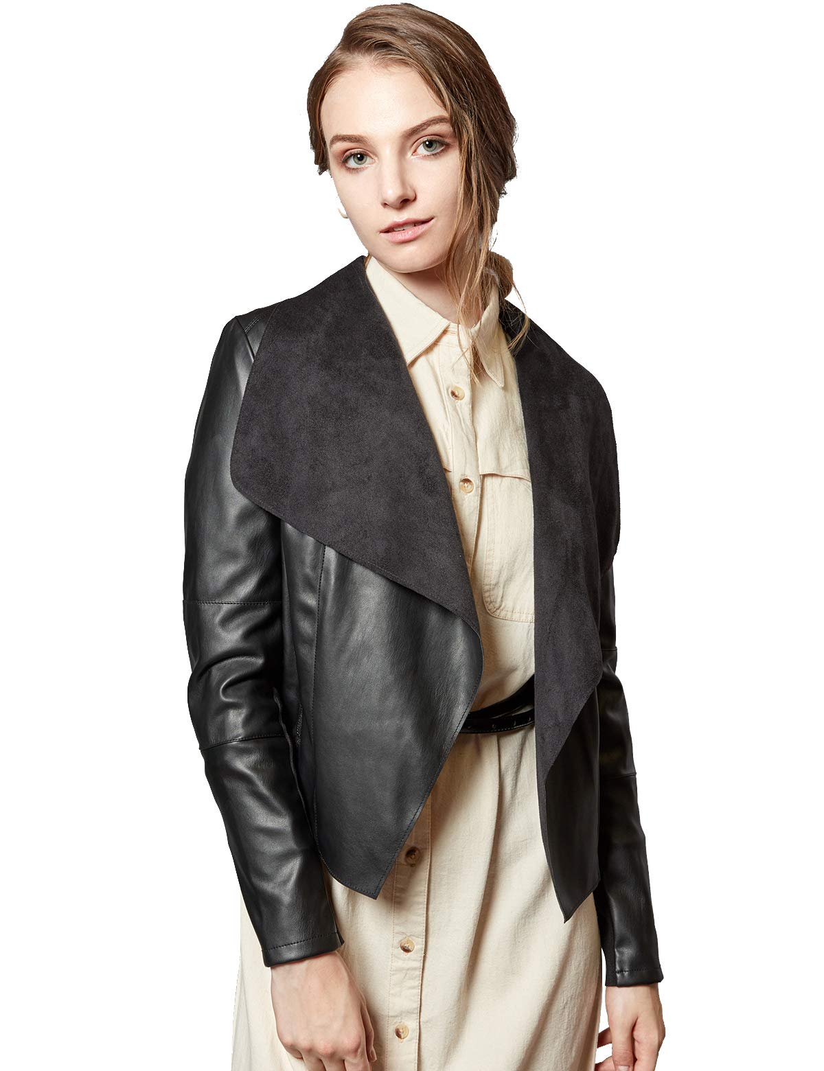 Escalier Women's Faux Leather Jackets Slim Open Front Lapel Blazer Jackets Black Small