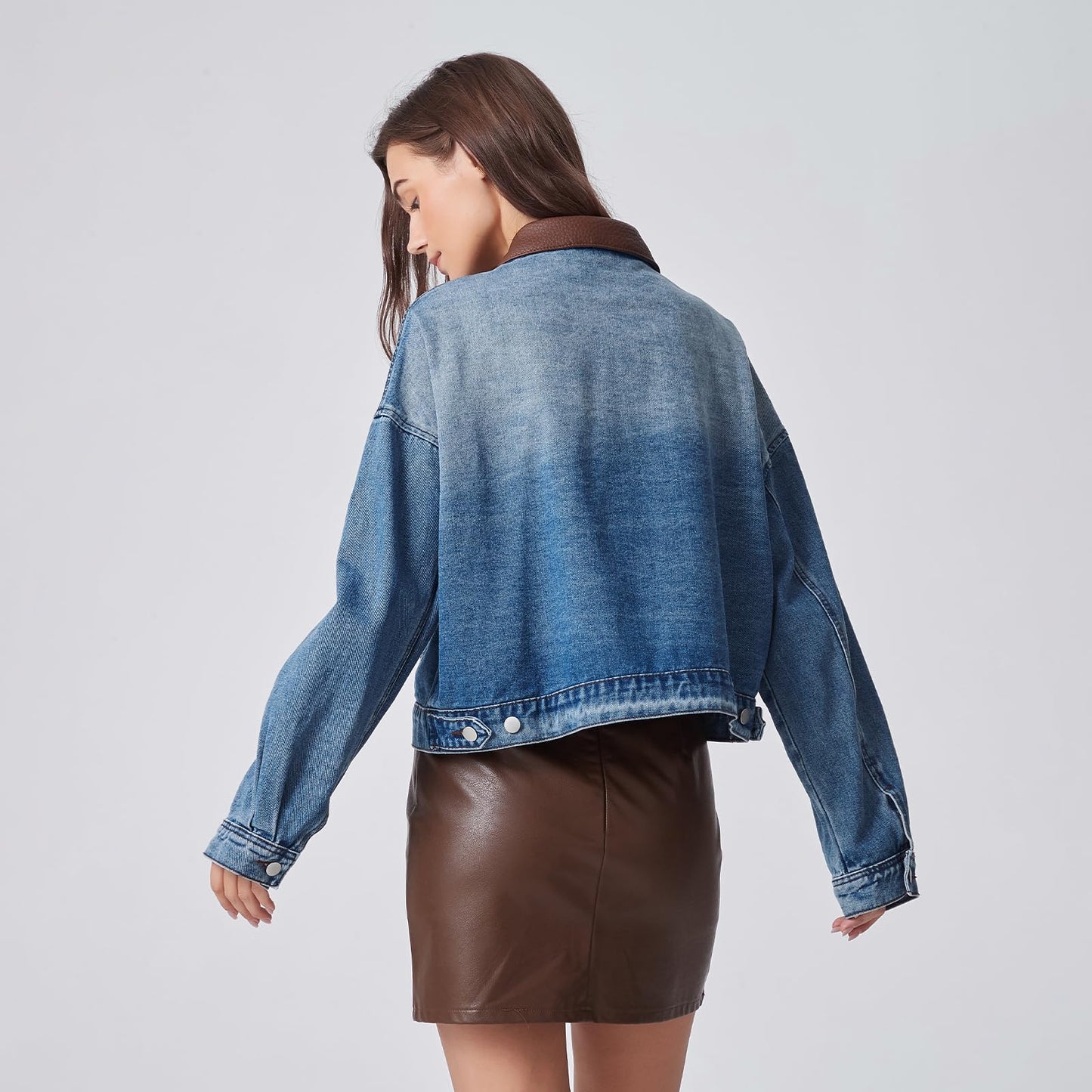 D-Sun Women's Denim Jackets Fake Leather Collar Long Sleeve Zipper Cropped Jean Jacket Denim Coat With Pockets