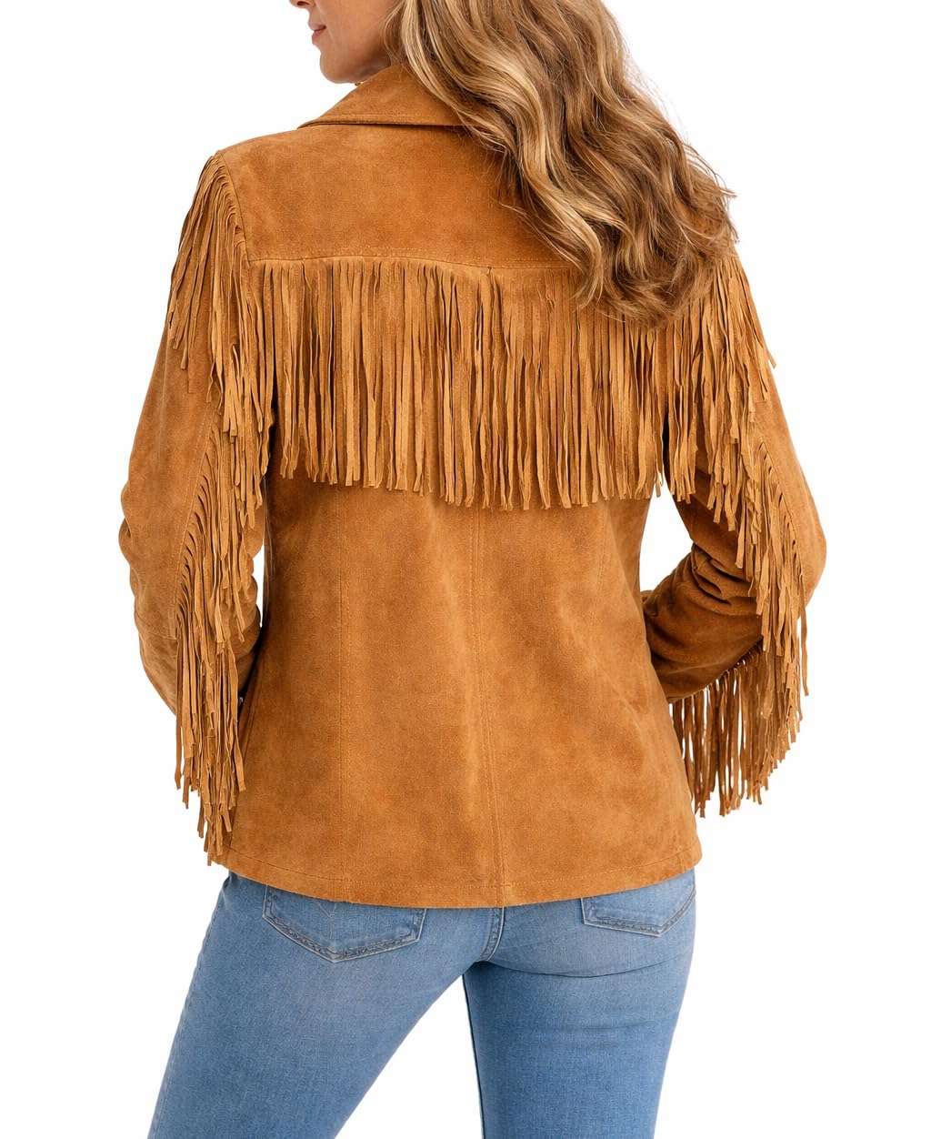 Strength Gears Women’s Suede Leather Fringe Jacket – Western Cowgirl Tassel Coat, Vintage Boho Style Fall Outerwear (US, Alpha, Large, Regular, Regular, Brown)