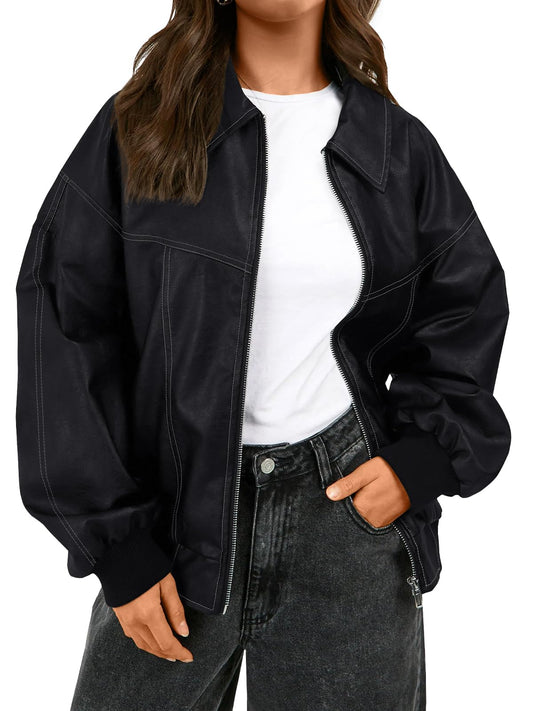 Trendy Queen Womens Leather Jackets Oversized Zip Up Motorcycle Bomber Jackets Fall Fashion Outfits Winter Clothes 2026 Black S