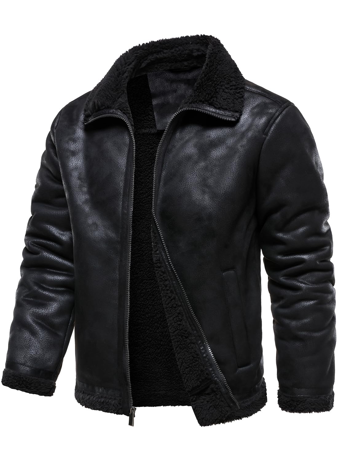 HOOD CREW Men’s Vintage Distressed Jacket Winter Warm Faux Shearling Leather Bomber Jackets Motorcycle Biker Coats Black M
