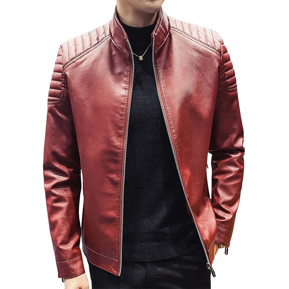 Womleys Mens Casual Stand Collar Slim Fit Faux Leather Jacket Biker Motorcycle Jacket (X-Red, X-Large)