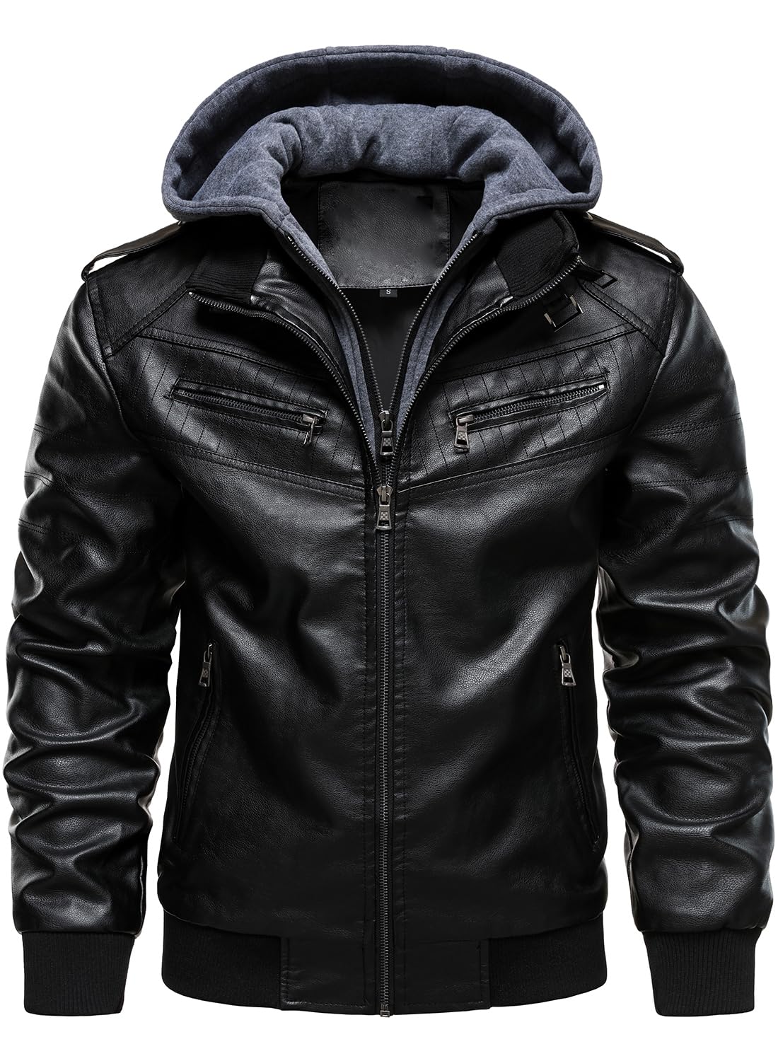 HOOD CREW Men's Leather Jackets Faux Bomber Jacket for Men Motorcycle Zip-Up Biker Coat With Hoodie Black XL