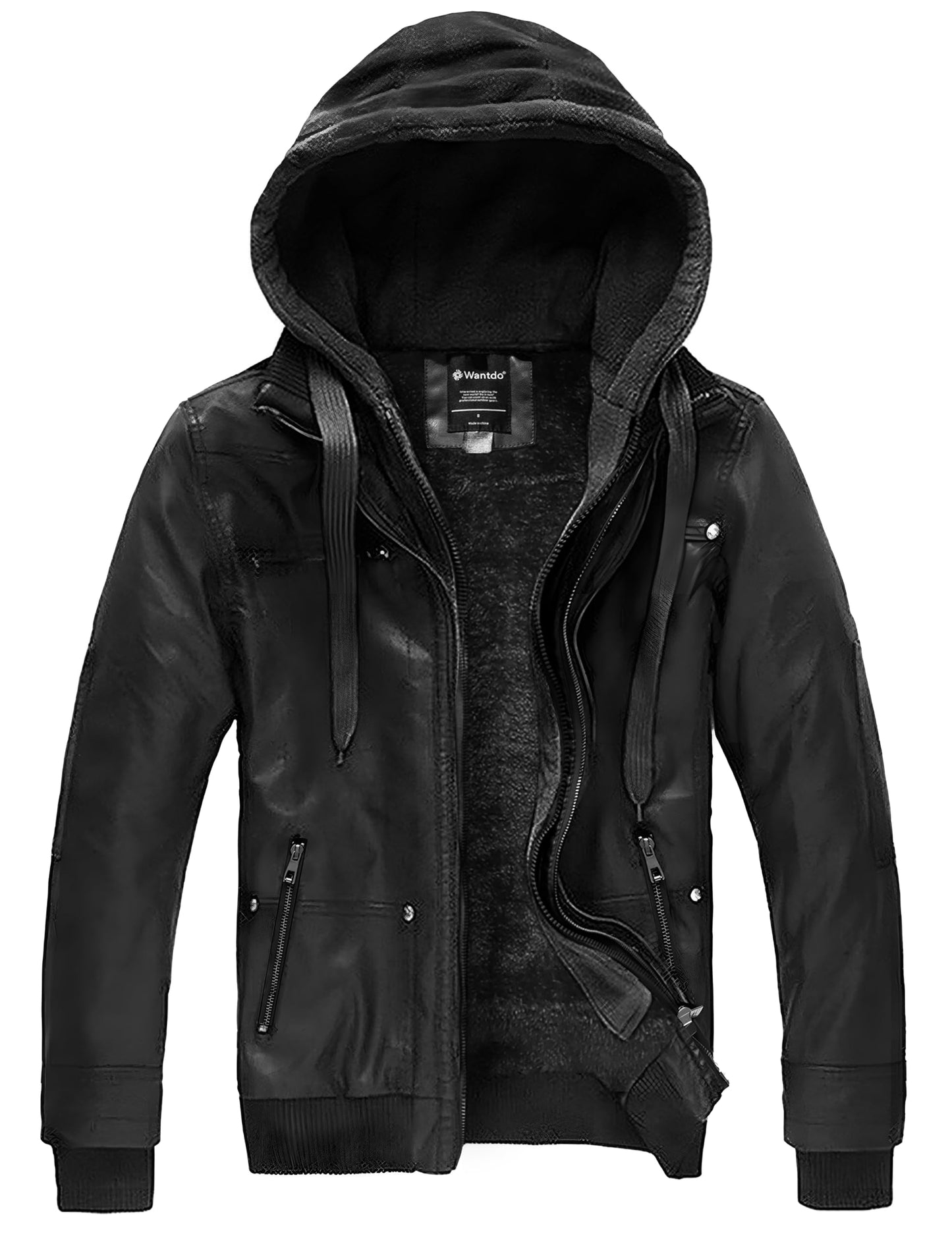 wantdo Mens Leather Jacket with Removable Hood Pure Black,S,(fleece Lining)