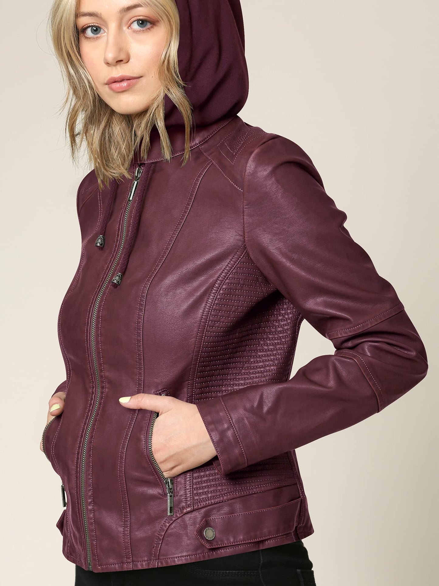 Made By Johnny MBJ WJC1044 Womens Faux Leather Quilted Motorcycle Jacket with Hoodie XS Wine
