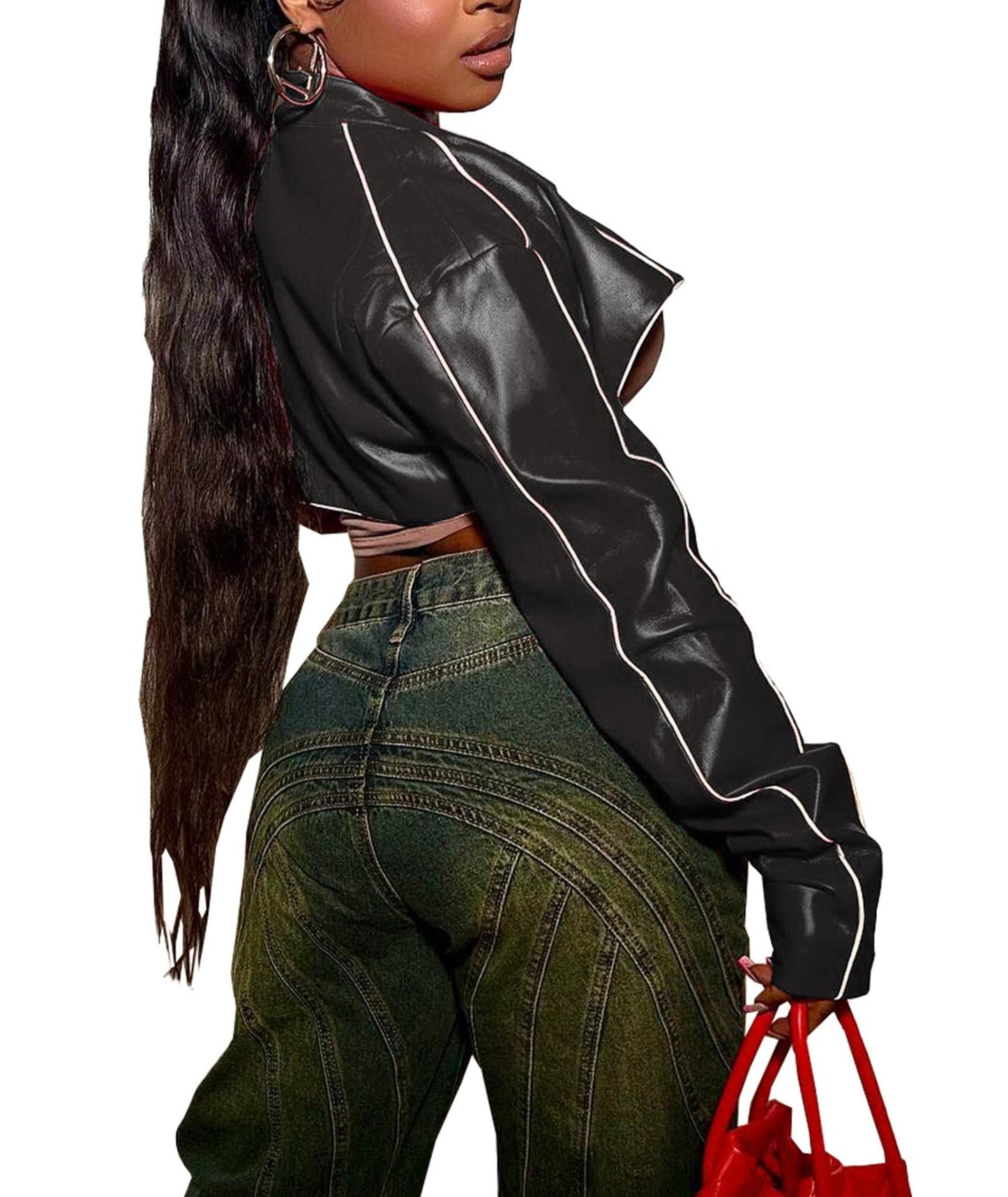 SEMATOMALA Women's Mock Neck PU Leather Crop Jacket Shrug Moto Biker Zip Up Faux Leather Slim Bolero Coat BL-L