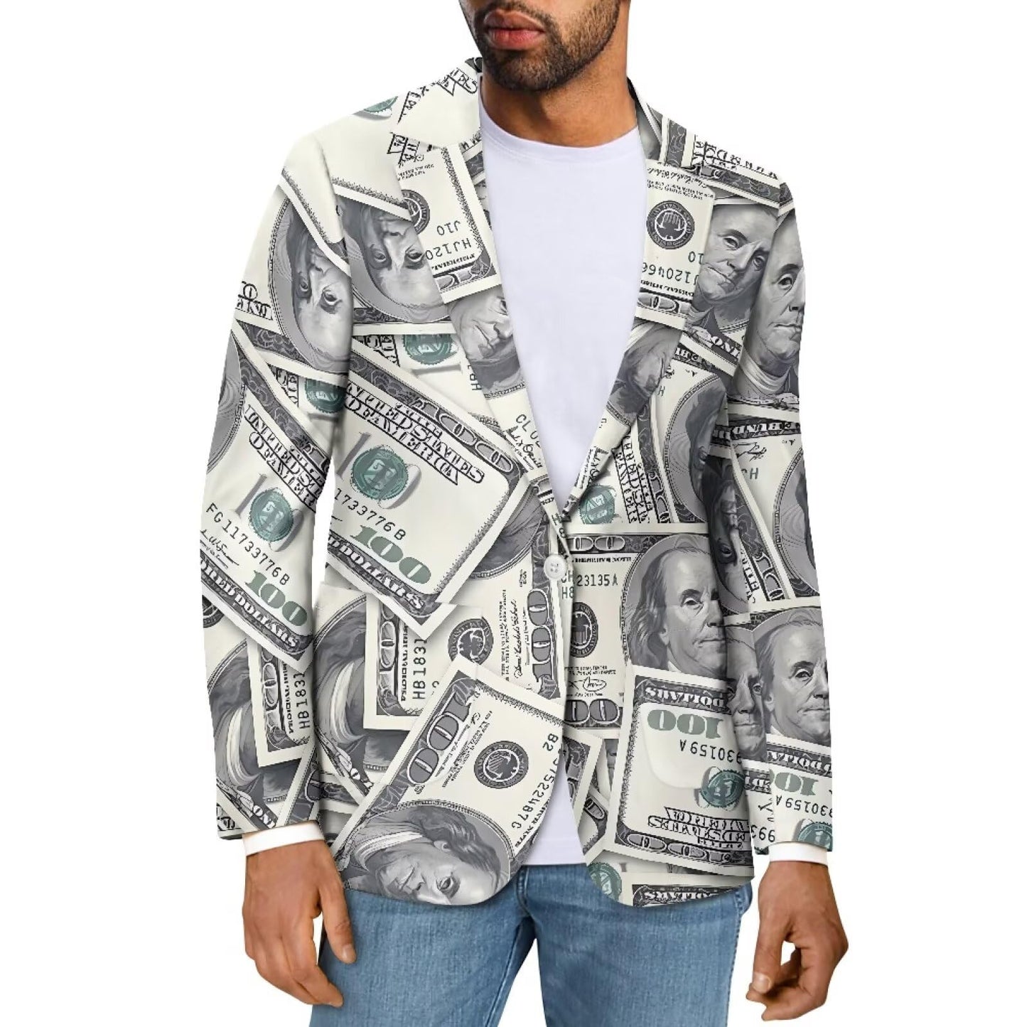Psaytomey Men's Suit Notched Lapel Slim Fit Stylish Blazer Dress Suit Money Dollar Printed Blazer for Men Business Jackets Suit Jacket Lightweight Casual Blazer