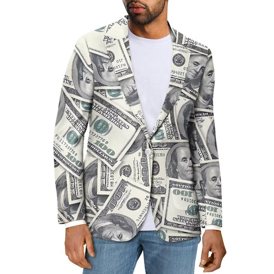 Psaytomey Men's Suit Notched Lapel Slim Fit Stylish Blazer Dress Suit Money Dollar Printed Blazer for Men Business Jackets Suit Jacket Lightweight Casual Blazer