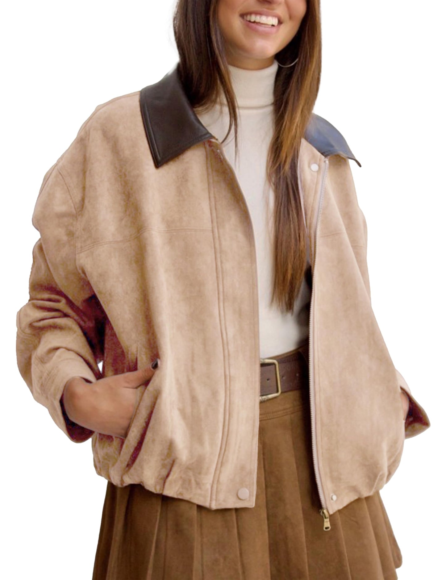 Yegthou Womens Faux Suede Bomber Jacket Casual Lapel Pilot Cropped Jackets Oversized Motorcycle Zip Up Outerwear Coats(Khaki-S)