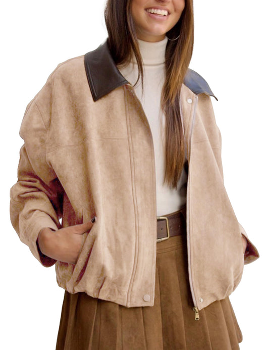 Yegthou Womens Faux Suede Bomber Jacket Casual Lapel Pilot Cropped Jackets Oversized Motorcycle Zip Up Outerwear Coats(Khaki-S)