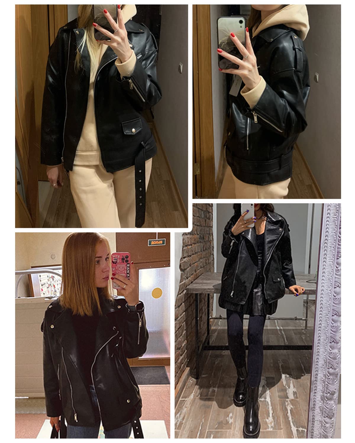 LY VAREY LIN Women Faux Leather Jacket Lapel Collar Motorcycle Zip Up Long Sleeve Motor Biker Short Coat Jacket (2123Black, L)
