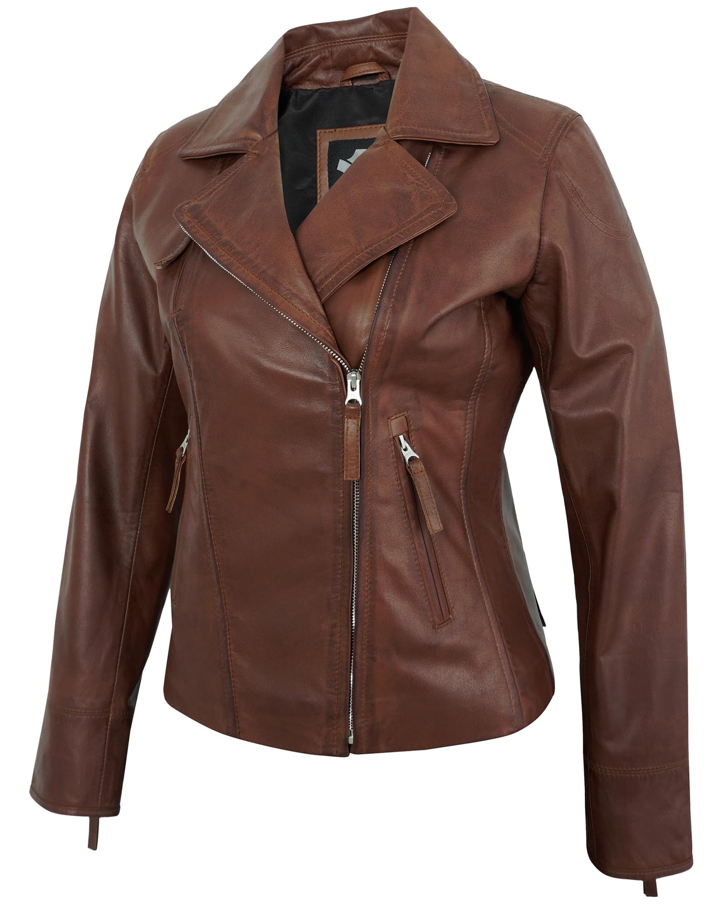 UrbanFocal Real Lambskin Brown Leather Jacket Women - Asymmetrical Style Womens Leather Jackets | [101006306] Cognac Ramsy, 2XL
