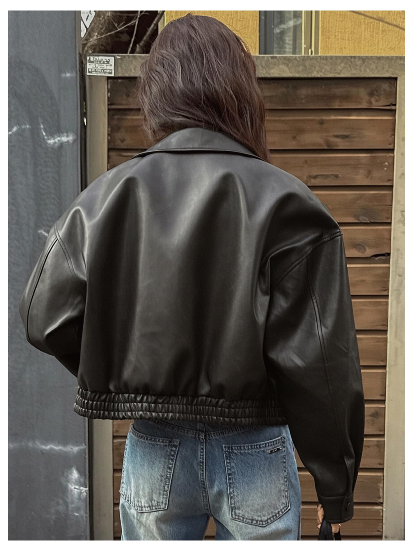 BEAUDRM Women's Y2K Faux Leather Jacket Zip Up Crop Bomber Jacket Going Out Motor Bike Motorcycle Coat Streetwear with Pocket Black Large