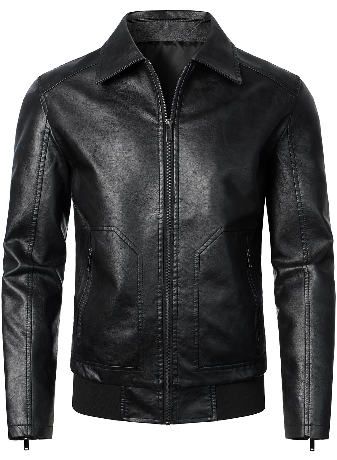 HOOD CREW Mens Faux Leather Bomber Jacket Classic Style Motorcycle Jackets Black S