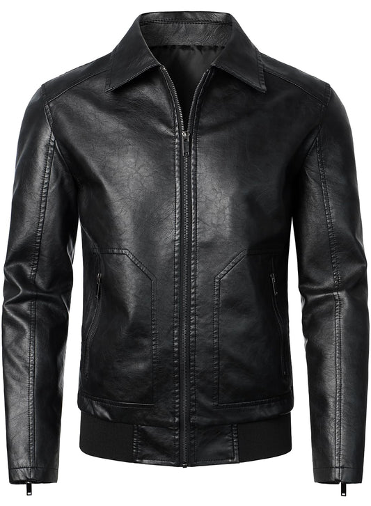 HOOD CREW Mens Faux Leather Bomber Jacket Classic Style Motorcycle Jackets Black S