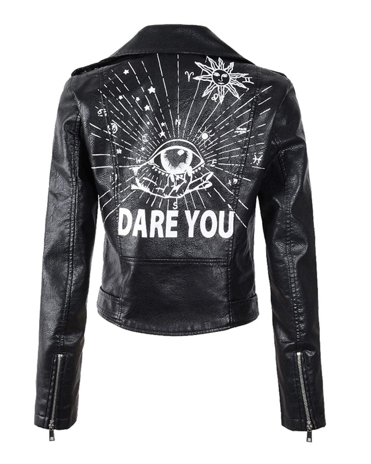LY VAREY LIN Women's Print Faux Leather Punk Jacket Biker Motorcycle Jacket with Belt (Black, l)