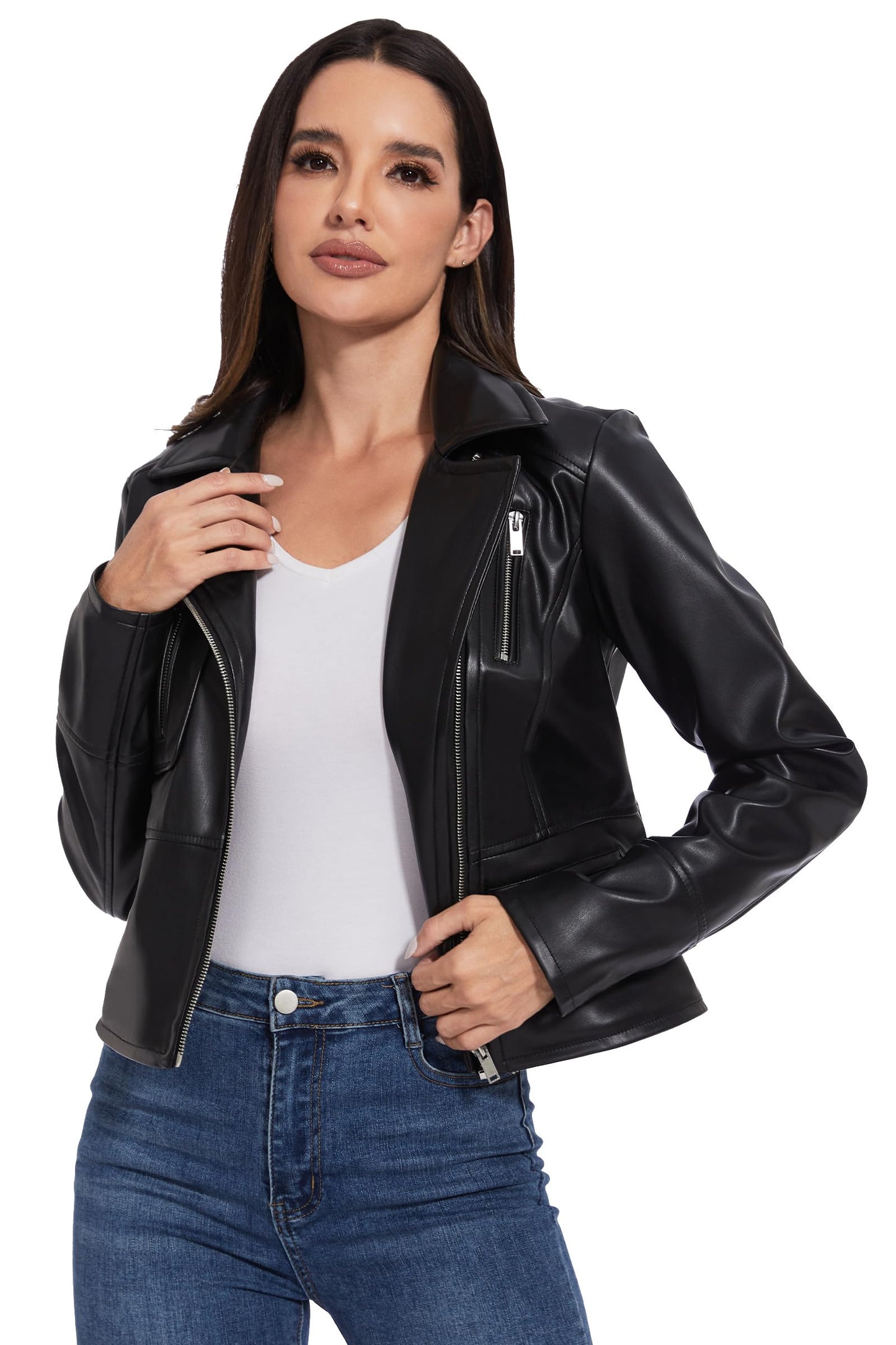 Fahsyee Women's Faux Leather Jackets - Moto Biker Motocycle PU Zipper Coat Lightweight Blazer Vegan Black M