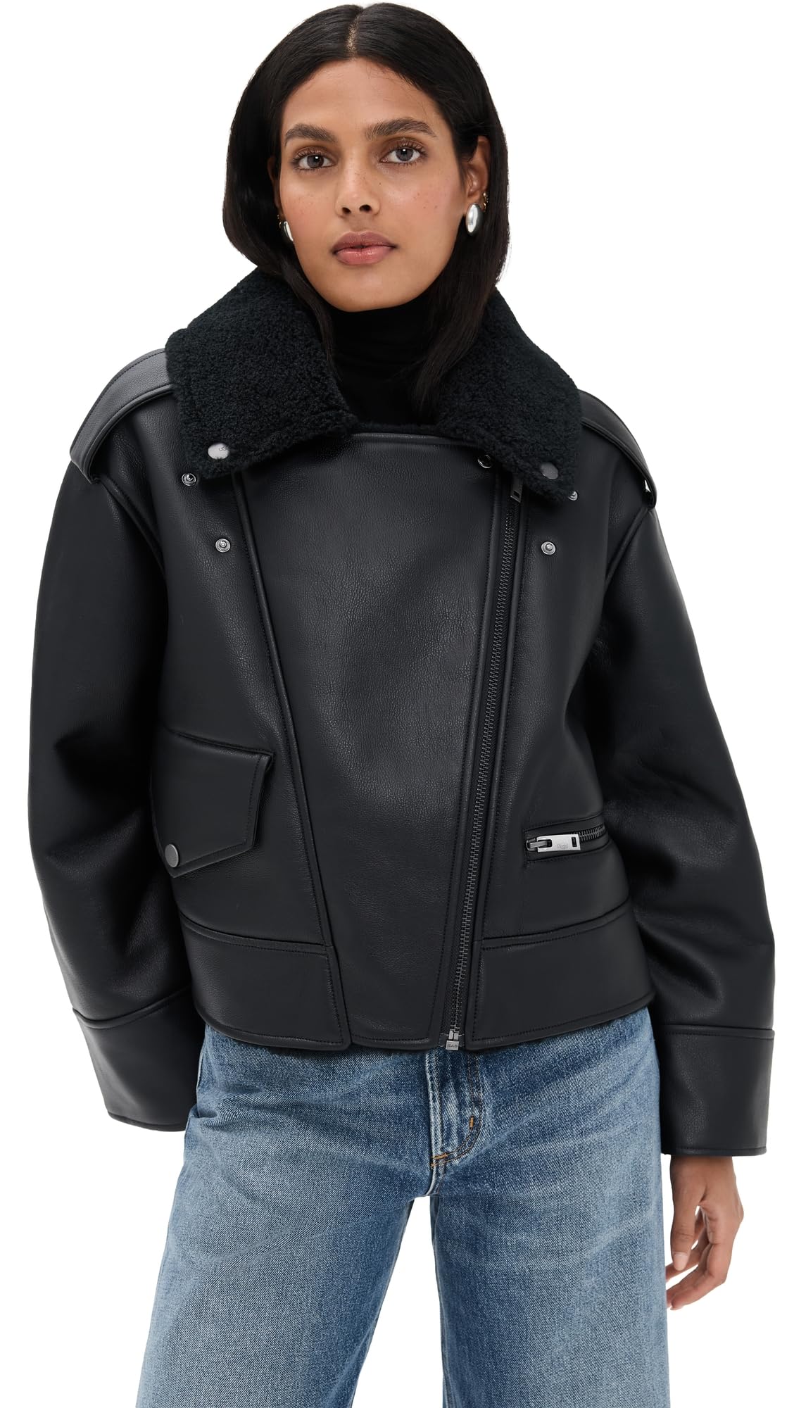 UGG Women's Finnian Luxefluff Moto Jacket Coat, Black, XL