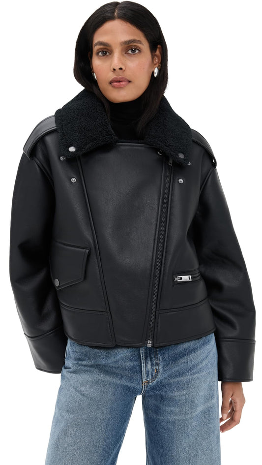 UGG Women's Finnian Luxefluff Moto Jacket Coat, Black, XL