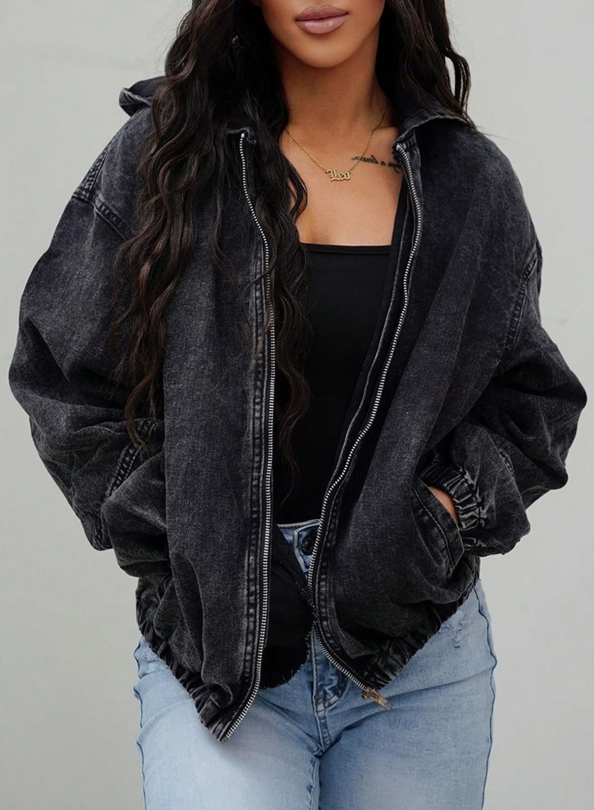 SHEWIN Jean Jacket Women Long Sleeve Womens Fall Jackets Cozy Denim Jacket Zipper Hooded Bomber Black Jacket Women Fall Clothes 2026 Color Black X-Large