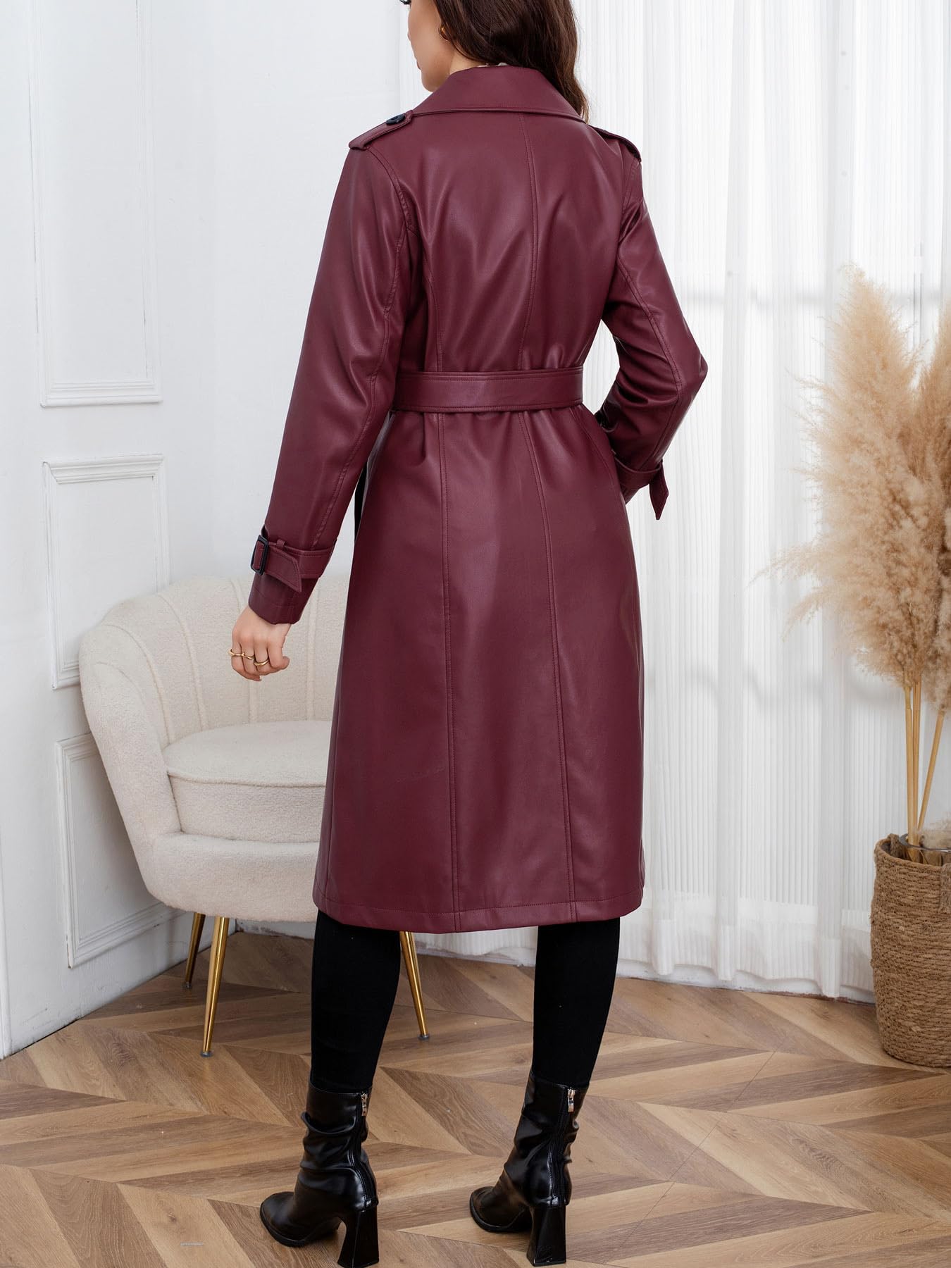 utcoco Women's Faux Leather Trench Coat Double Breasted Belted High Waist Long PU Leather Jacket Fall Winter Outerwear (XX-Large, Wine Red)
