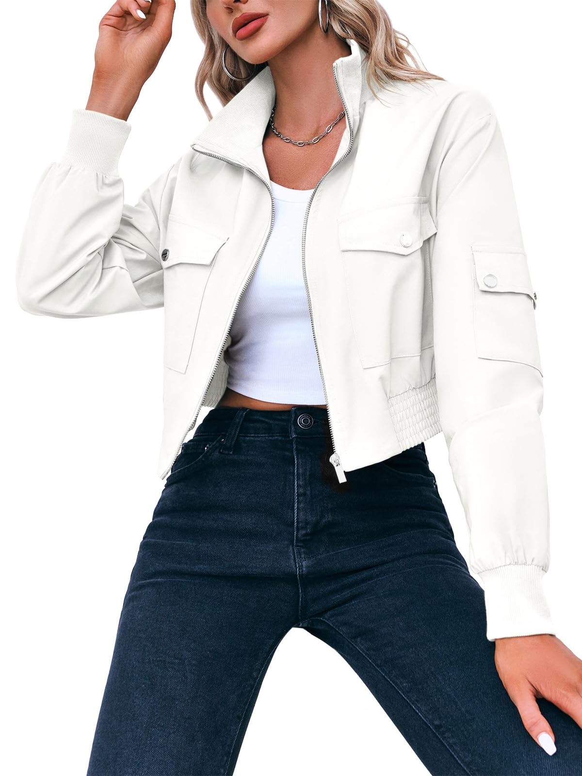 Fisoew Women's Fashion Cropped Bomber Jacket Long Sleeve Zip Up Stand Collar Jacket Coat with Pocket