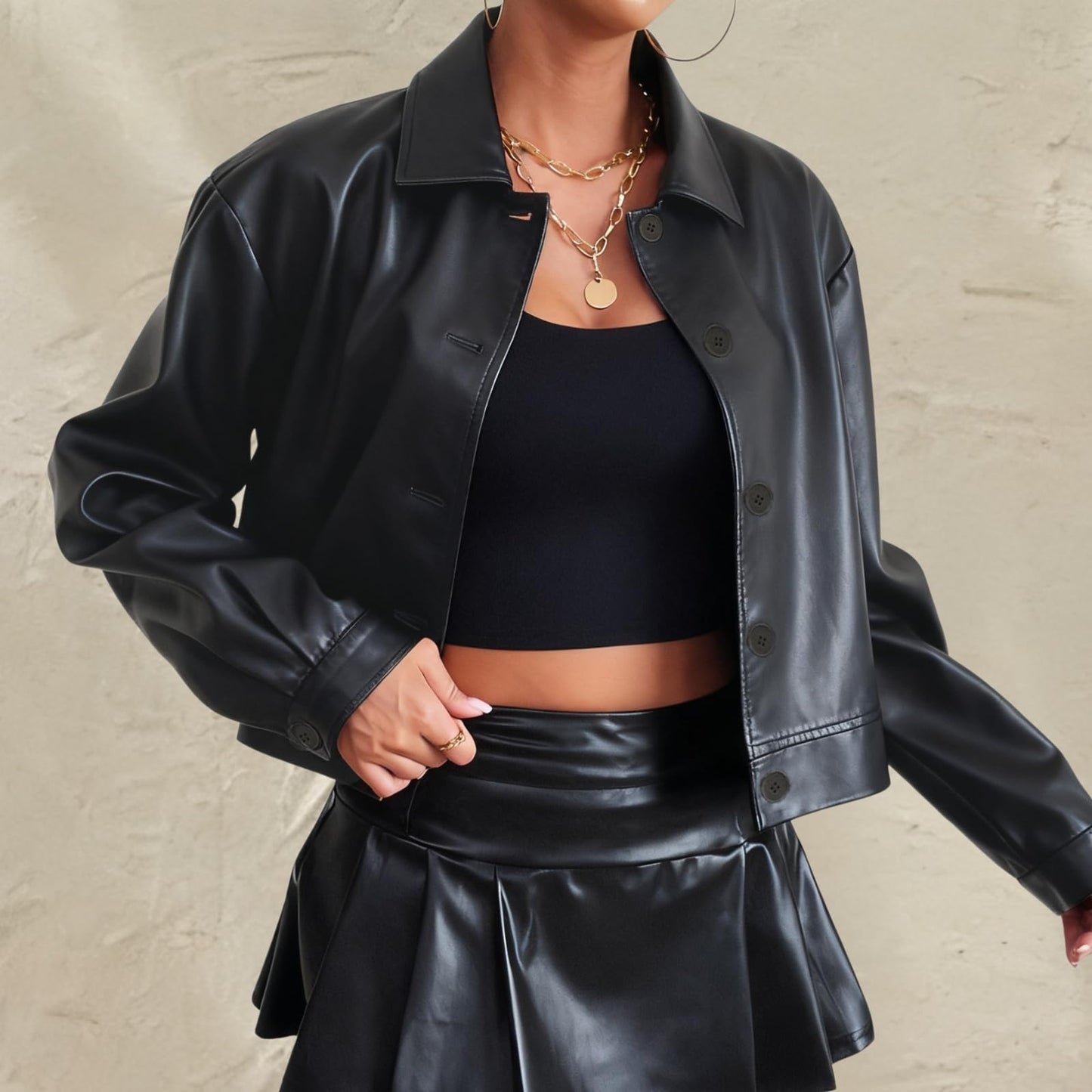 Muzly Womens Cropped Faux Leather Jacket Button Down Lightweight Bomber Motorcycle Jackets fall Fashion Coats 2025 Winter Outfits (Black,M)