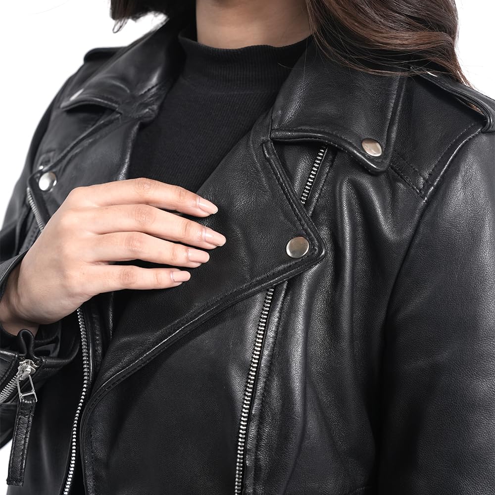 STREGA Women's Lambskin Leather Motorcycle Jacket - Real Leather Biker Jacket Women with Leather Pullers for Timeless Everyday Style | Black – Large