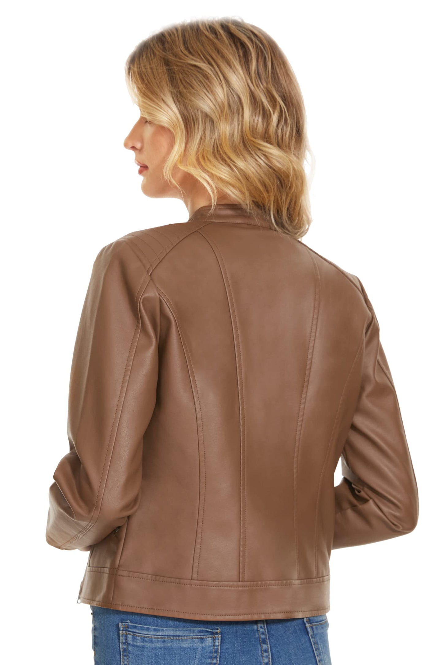 Fahsyee Women's Faux Leather Jackets, Camel Crop Petite Zip Up Motorcycle Short PU Moto Biker Outwear Stand Collar Fitted Slim Coat, Size S