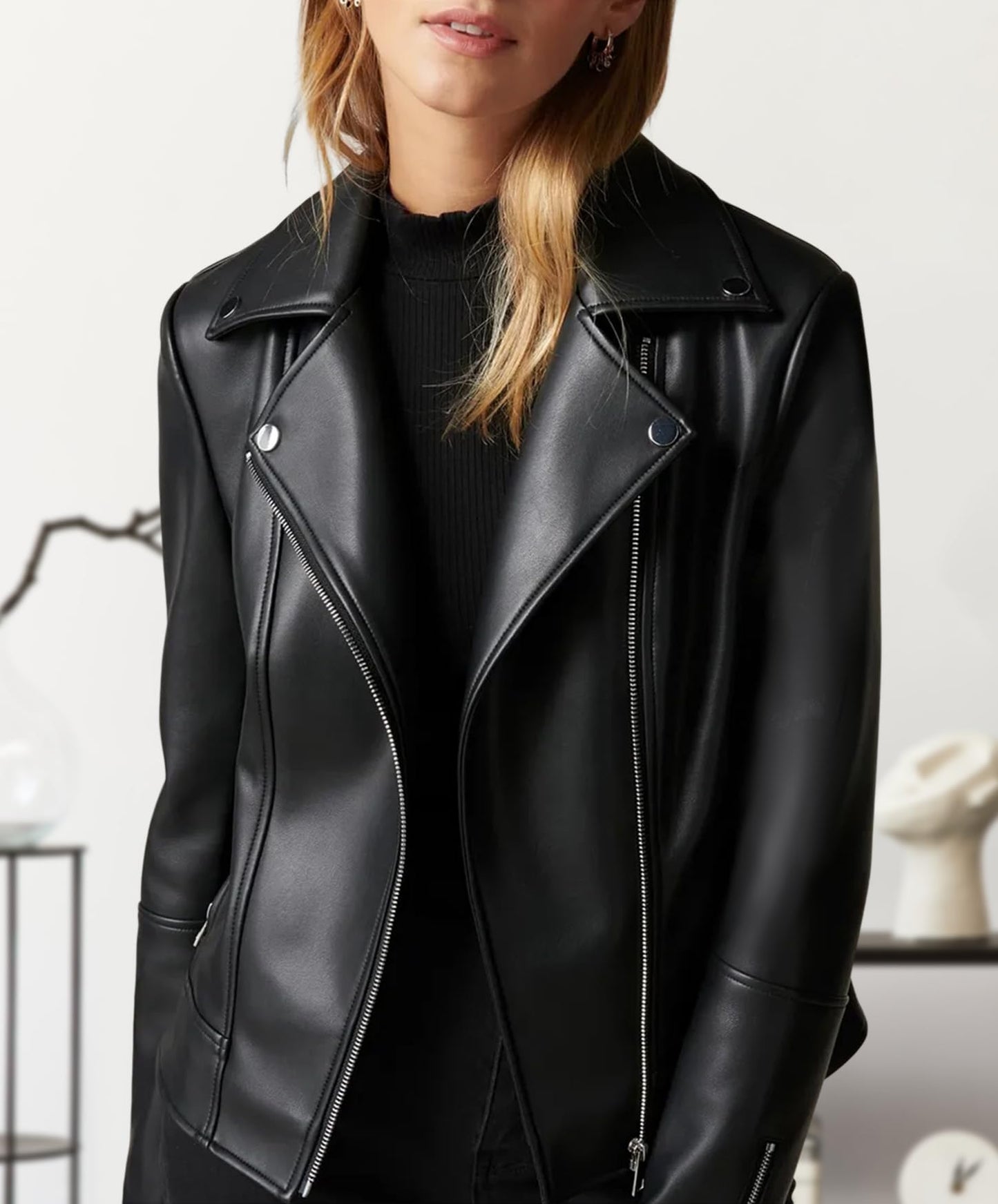 Women Leather Jacket, Buttery Soft Faux Leather Motorcycle Moto Biker Short Jacket, Stretchy Long Sleeves Asymmetrical Closure Zipper Rivets Pocket Classic Stylish Coat, Small, Black
