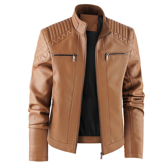 LEDUNTINO Men's Leather Jacket, Stand Collar PU Faux Leather, Zip-Up Motorcycle Bomber Jacket, Slim Fit Biker Coat Brown Large