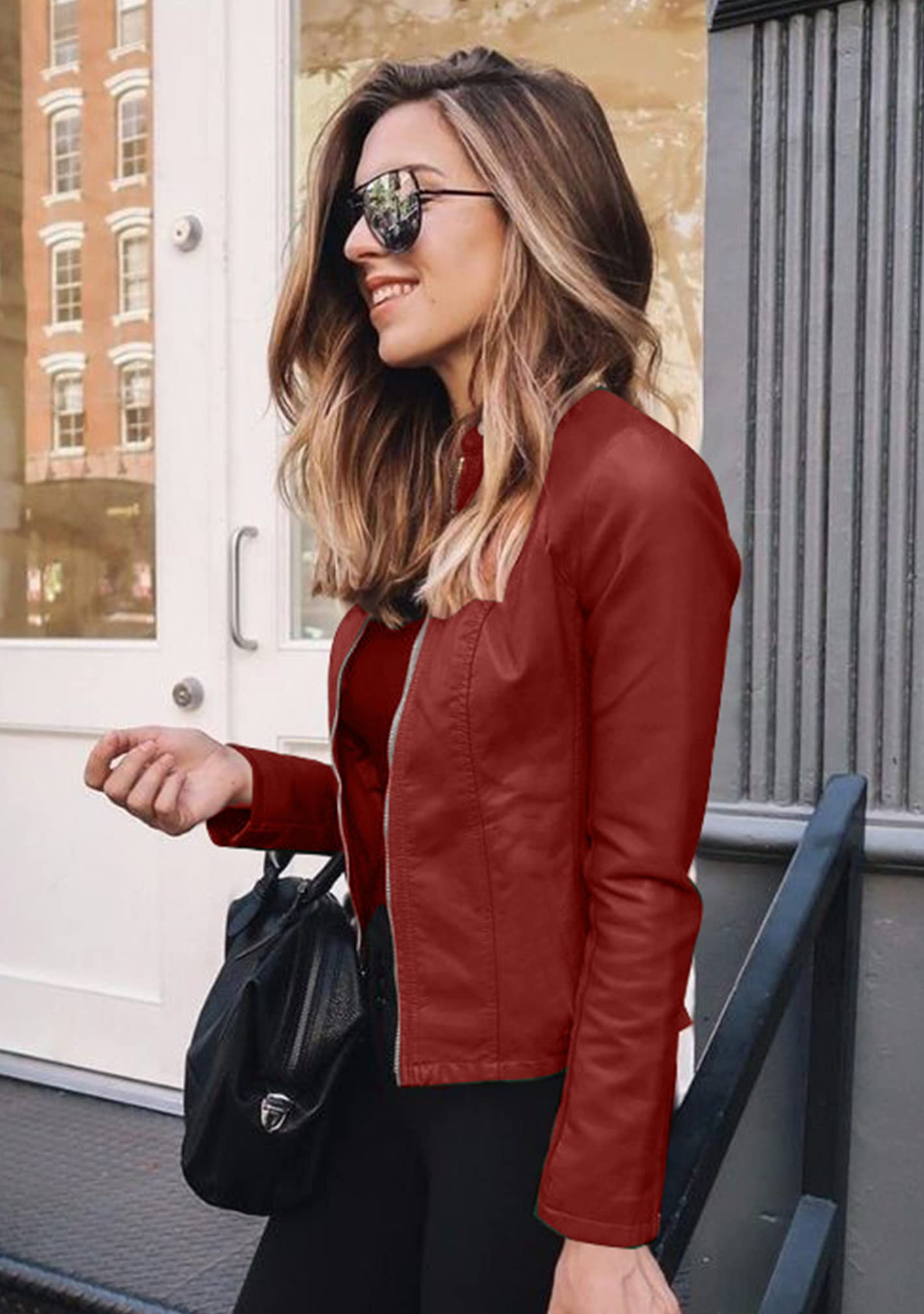 BOFETA Womens Autumn Faux Leather Jackets Zipper Solid Blazer Short Casual Coat Wine Red M