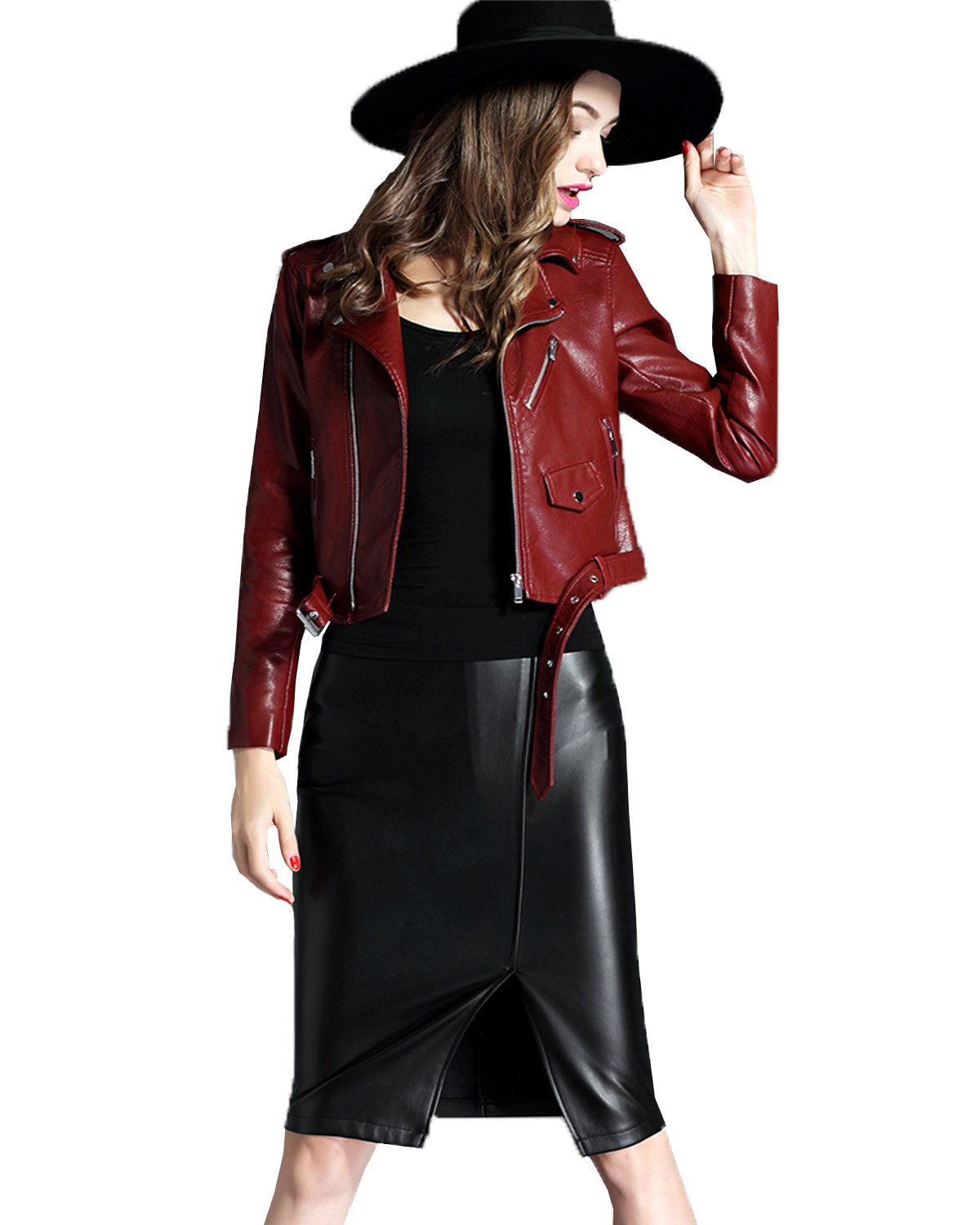 LY VAREY LIN Fitaylor Women's Faux Leather Motorcycle Jacket PU Slim Short Biker Coat (L, Wine Red)